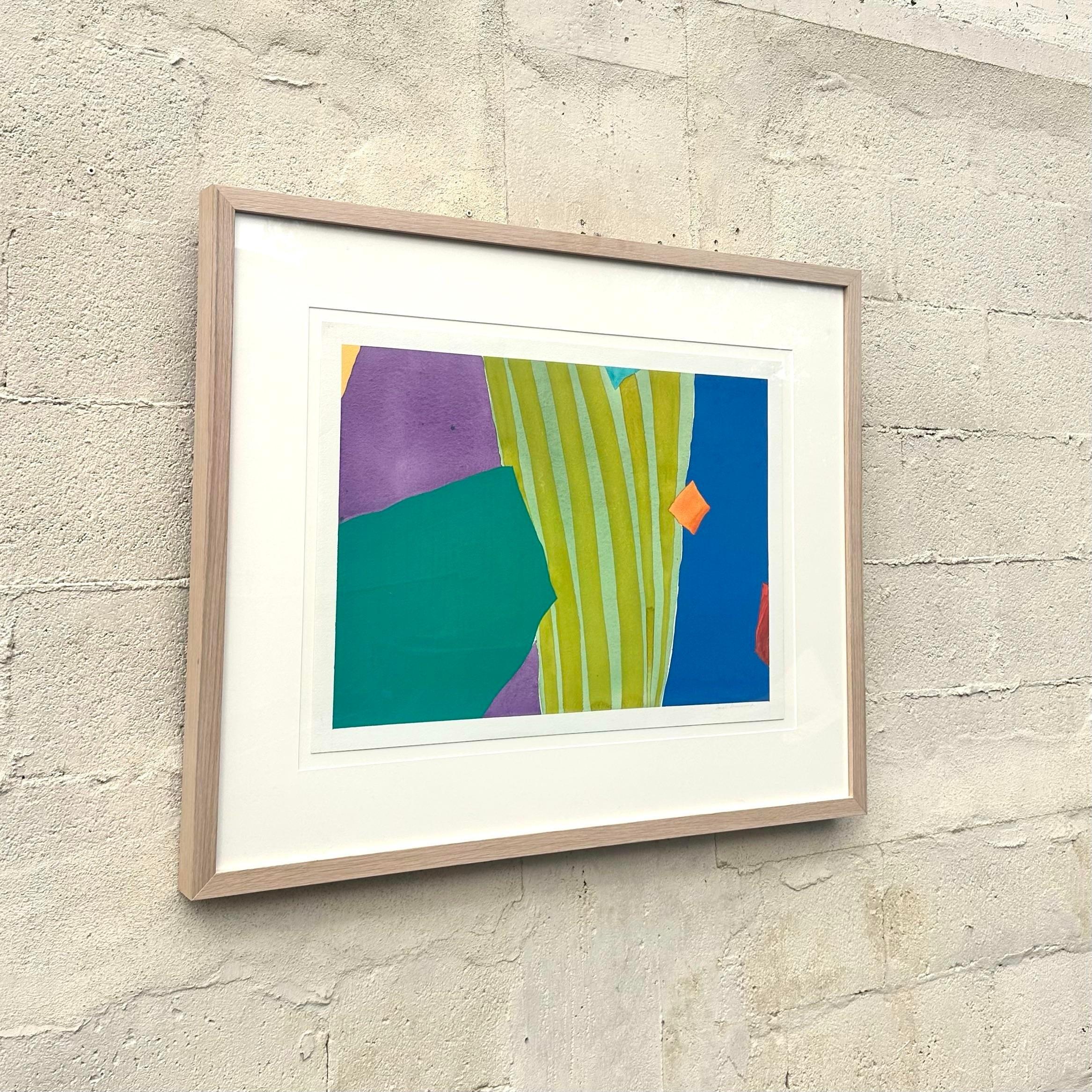 This original print combines contrasting colors and patterns to create a collage style piece. The primary colors and soft purple make this creation unique yet tastefully abstract. Acquired from a Palm Beach estate.