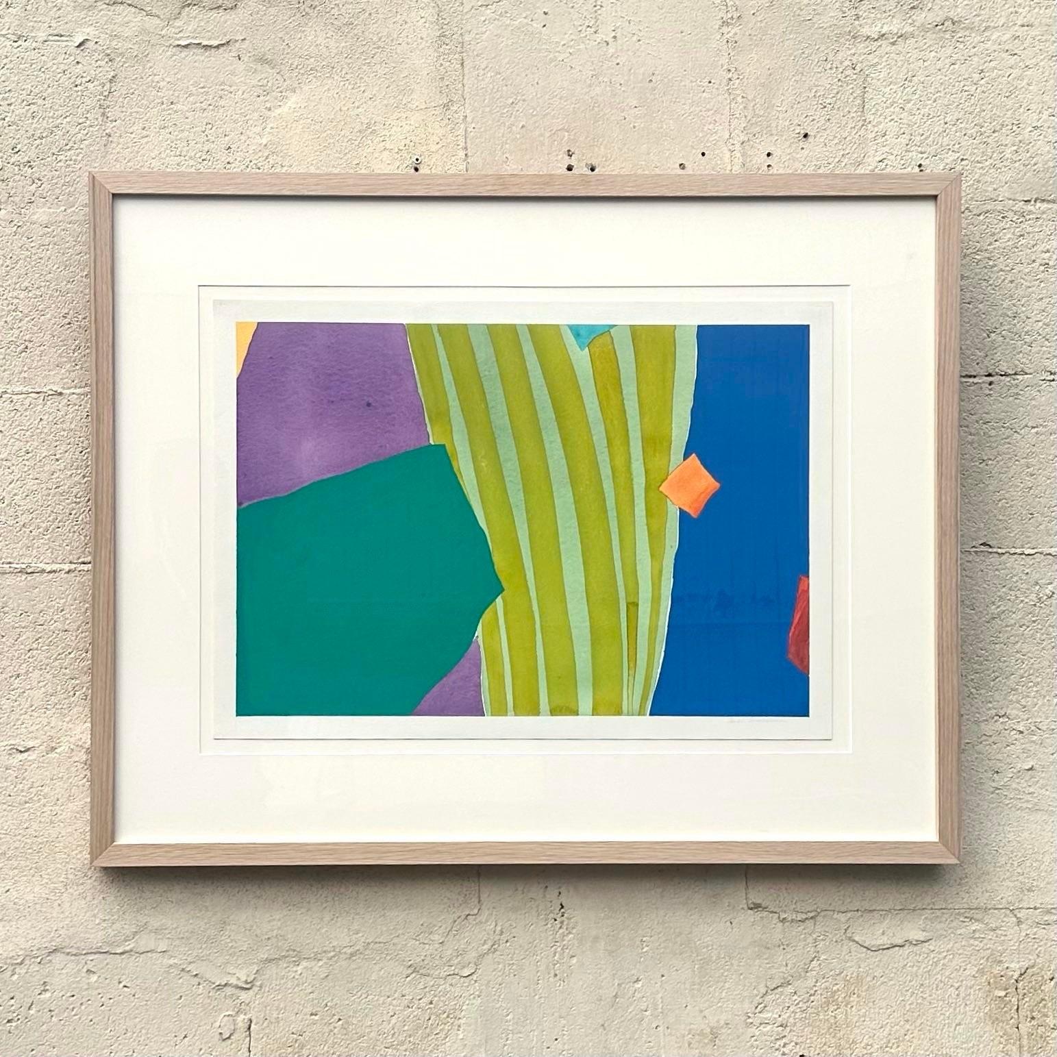 Vintage 1970s Boho Abstract Lithograph In Good Condition For Sale In west palm beach, FL