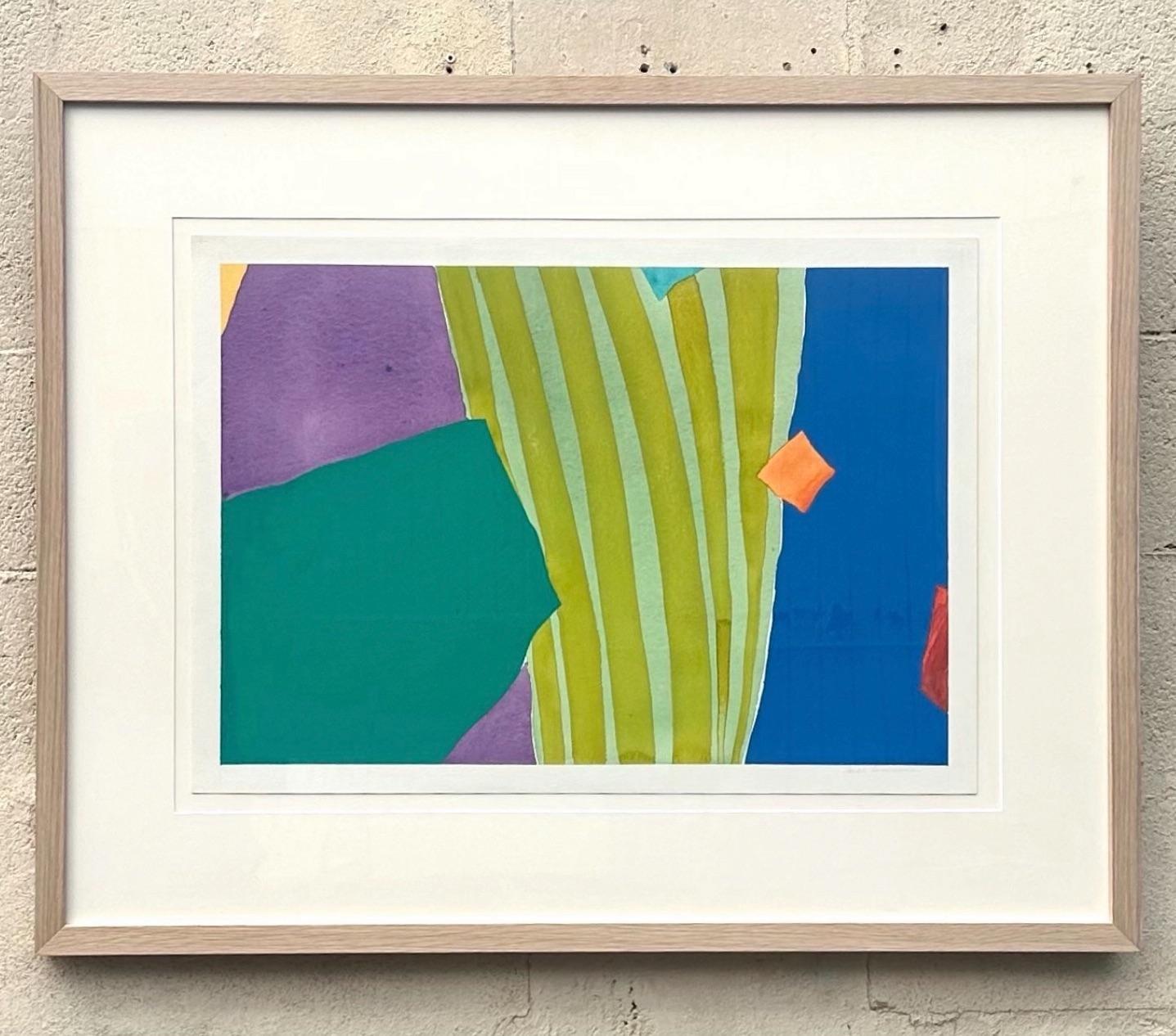 Glass Vintage 1970s Boho Abstract Lithograph For Sale