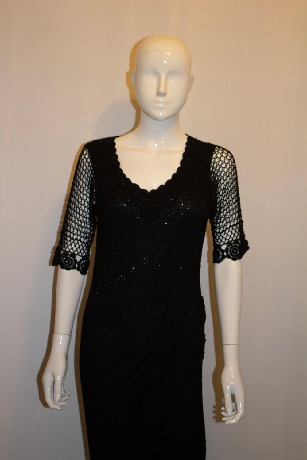 Women's Vintage 1970s Boho Black Crochet Dress For Sale
