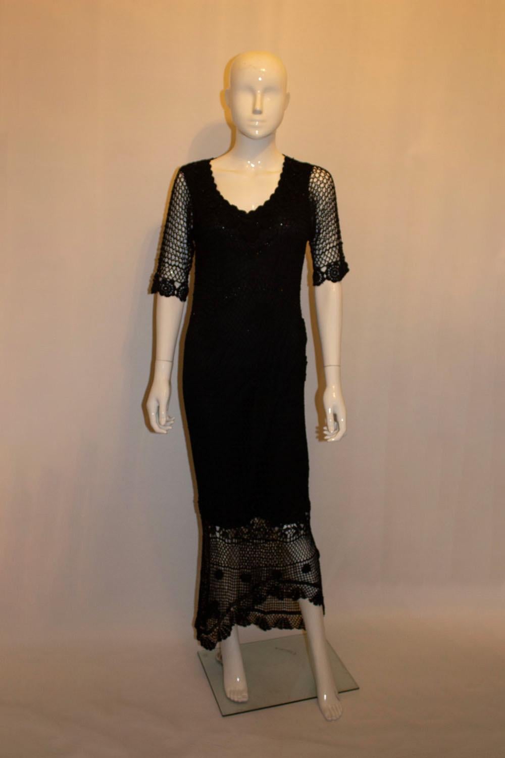 Vintage 1970s Boho Black Crochet Dress For Sale 1