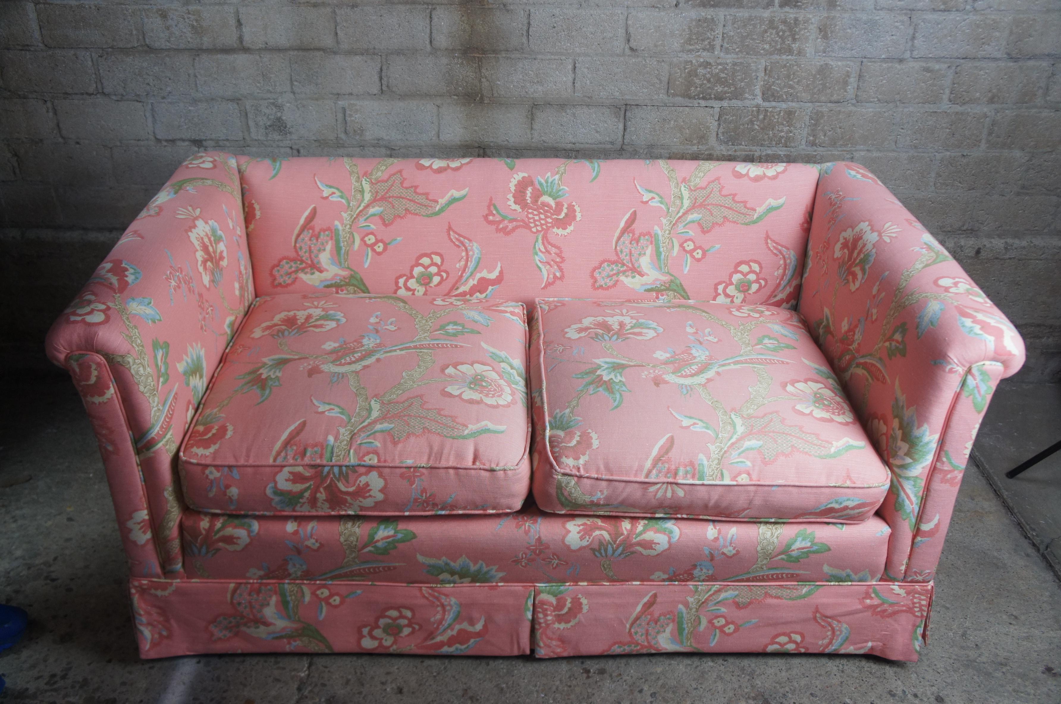 Bohemian Vintage 1970s Boho Chic Tropical Bird Fabric Loveseat Sofa Couch Settee