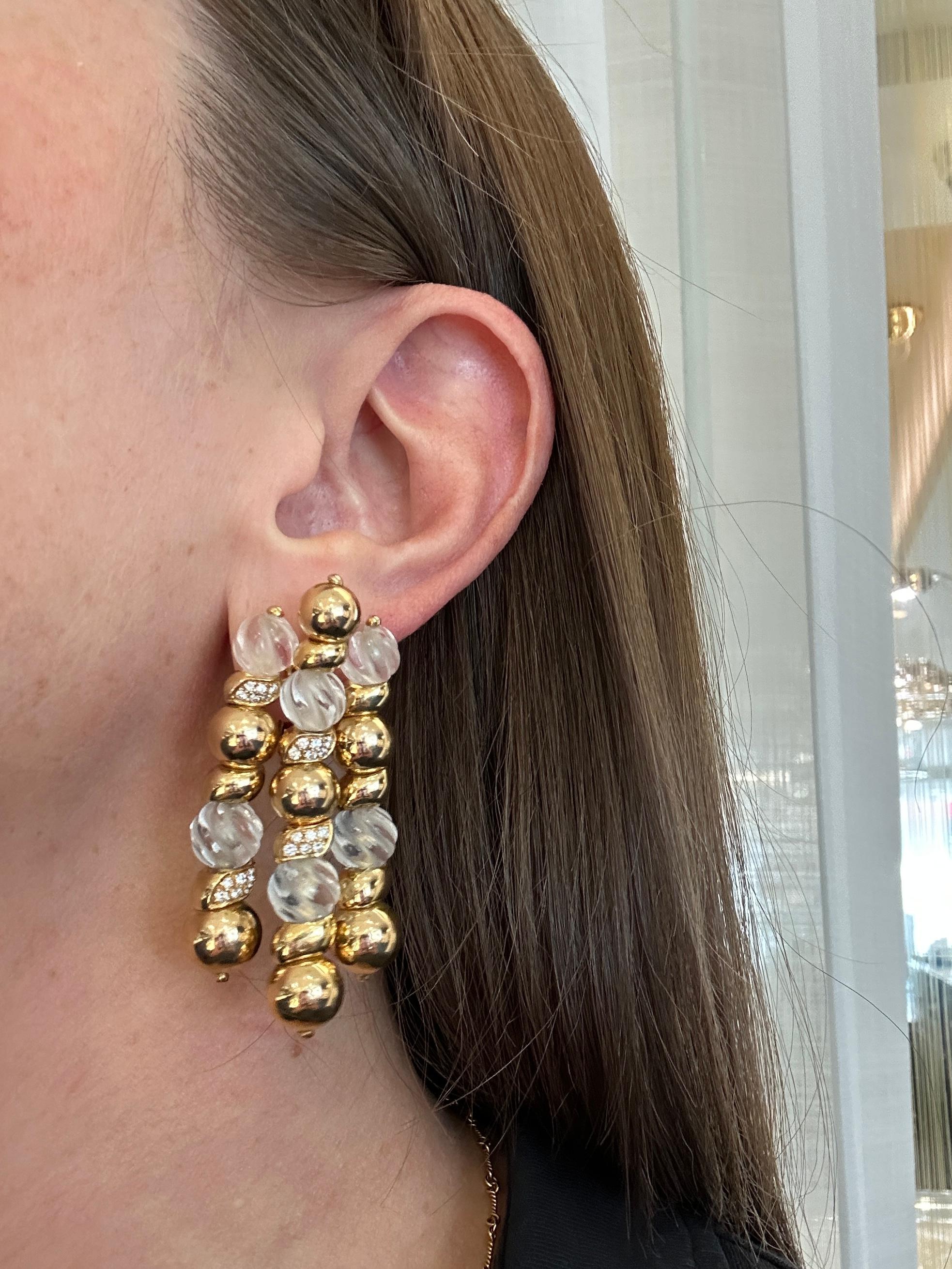 Bead Vintage 1970s Boucheron 18K Gold Rock Crystal Drop Earrings For Sale