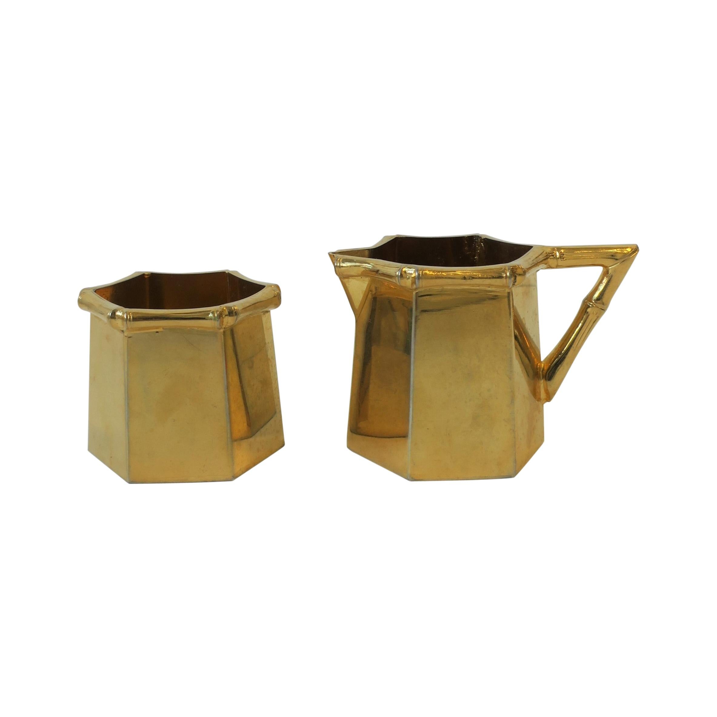 1970s Brass Bamboo Creamer and Sugar Set in the Hollywood Regency Style