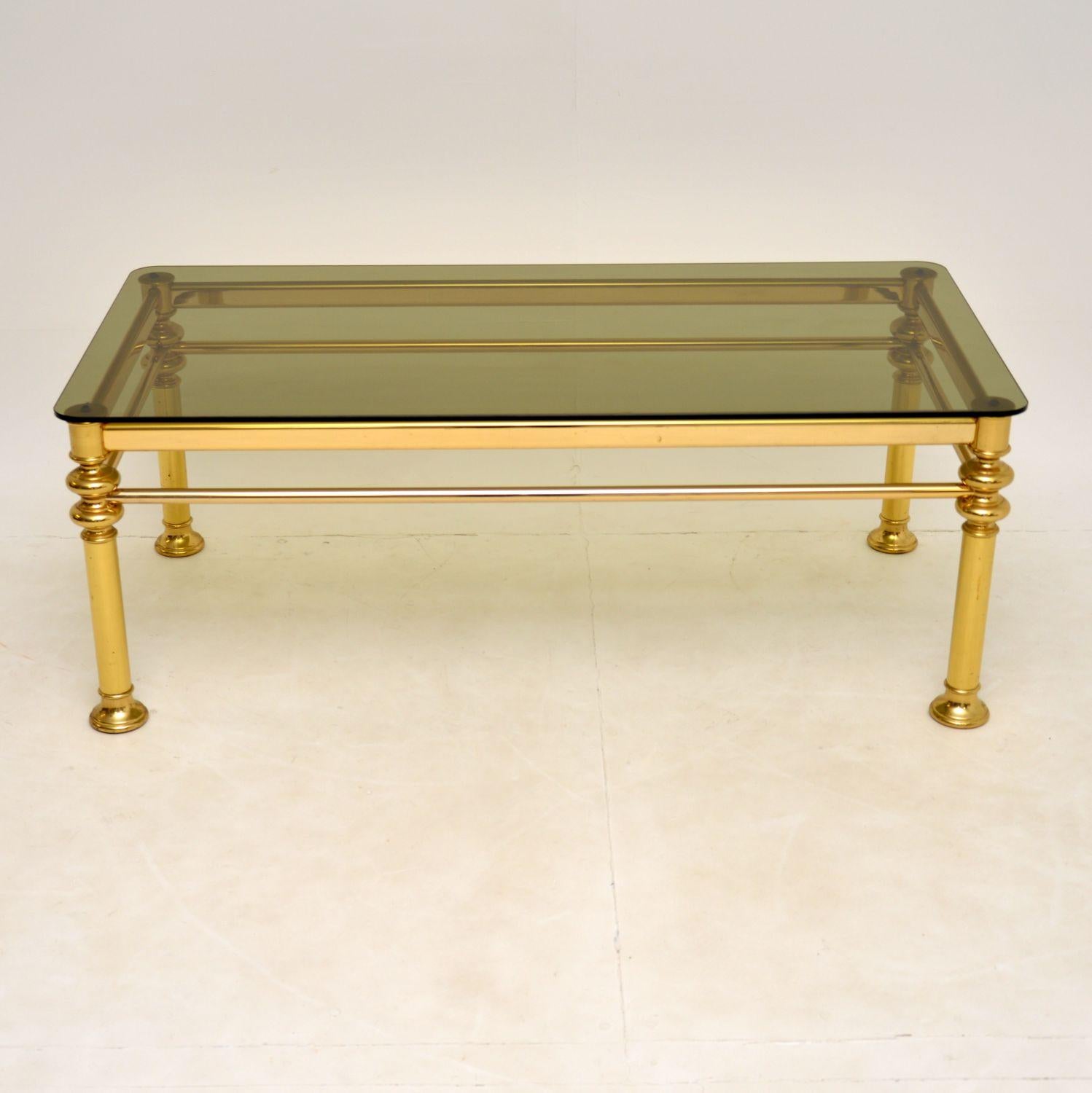 A stylish and very well made vintage brass and glass coffee table. This was made in France, it dates from the 1970’s.

The quality is great, with a thick frame and toughened glass top. It is in very good condition for its age, with some minor wear