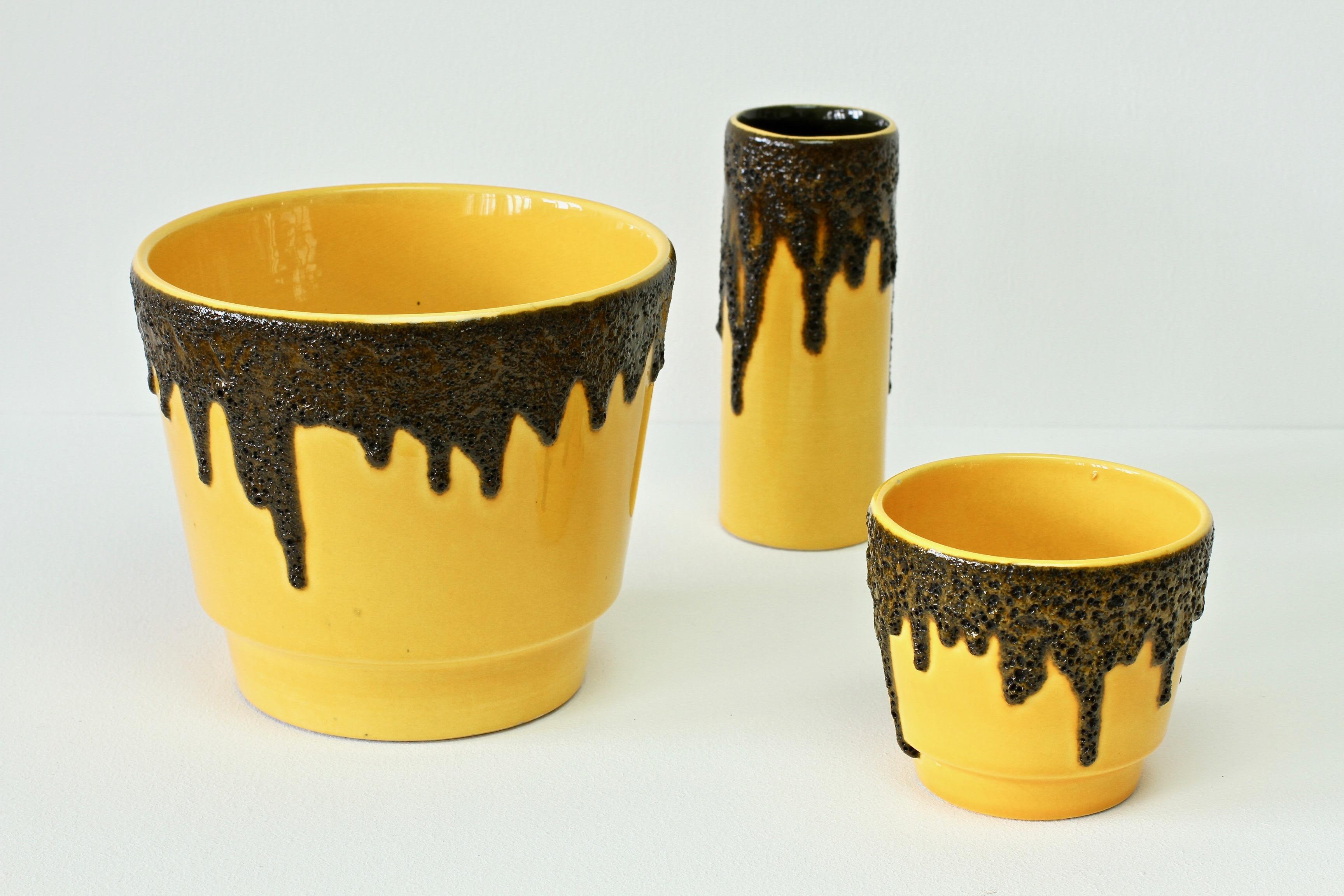 Mid-Century Modern Vintage 1970s Bright Yellow West German Pottery Fohr Vase with Black Lava Glaze