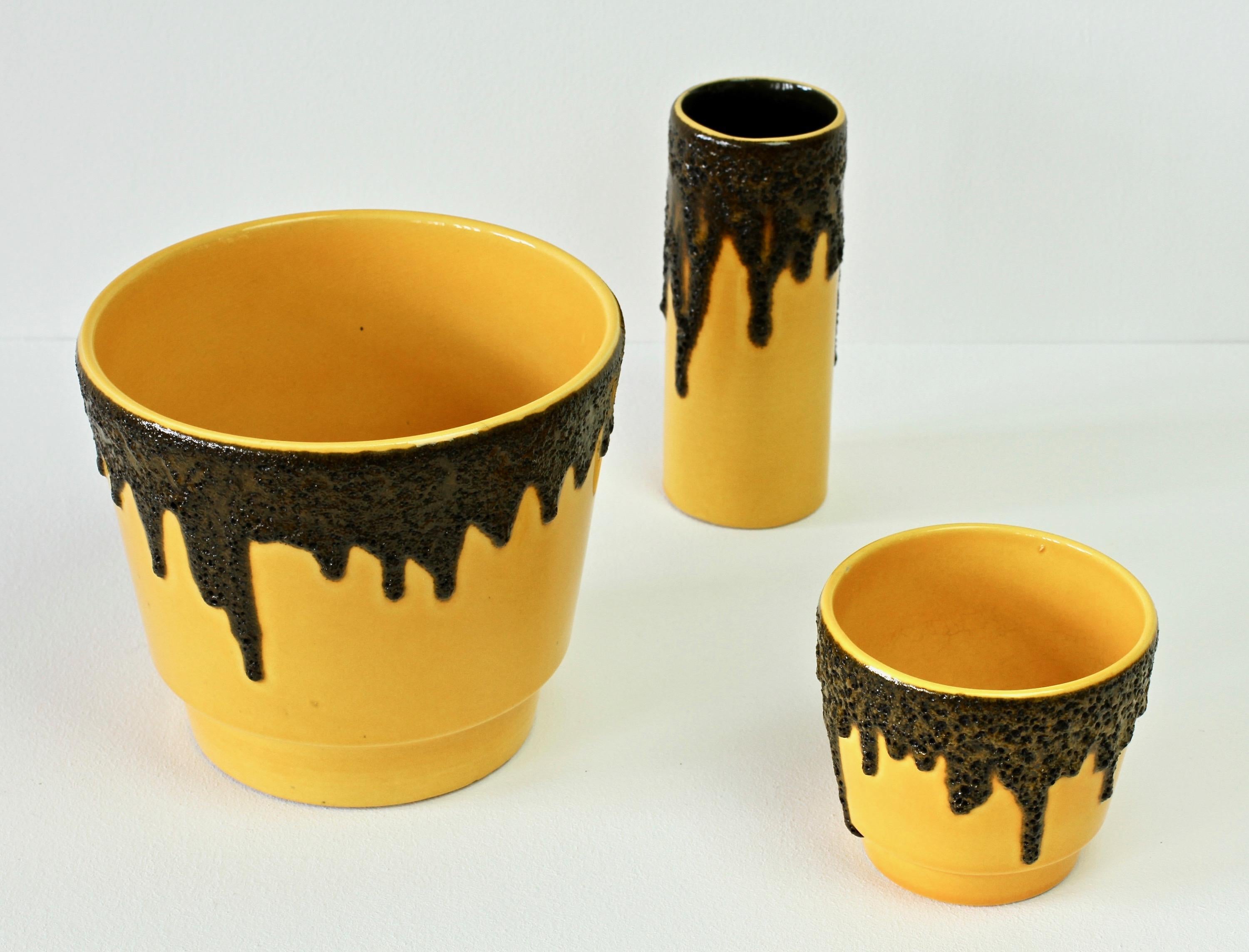 Glazed Vintage 1970s Bright Yellow West German Pottery Fohr Vase with Black Lava Glaze