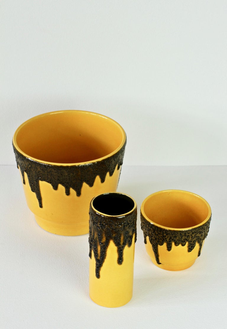 20th Century Vintage 1970s Bright Yellow West German Pottery Fohr Vase with Black Lava Glaze For Sale