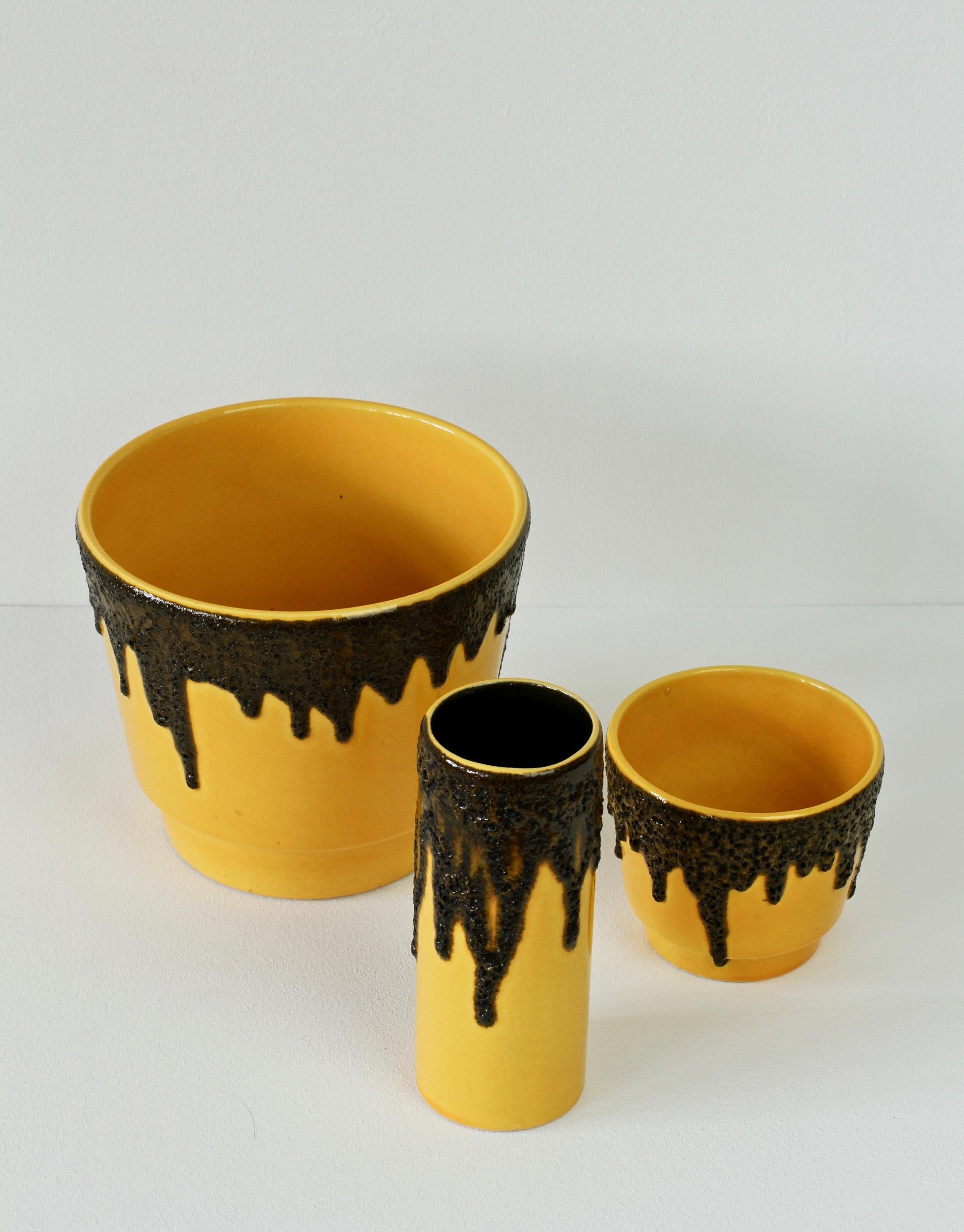 20th Century Vintage 1970s Bright Yellow West German Pottery Fohr Vase with Black Lava Glaze