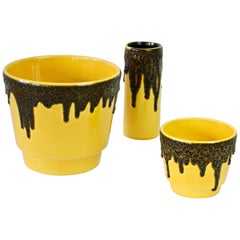 Vintage 1970s Bright Yellow West German Pottery Fohr Vase with Black Lava Glaze