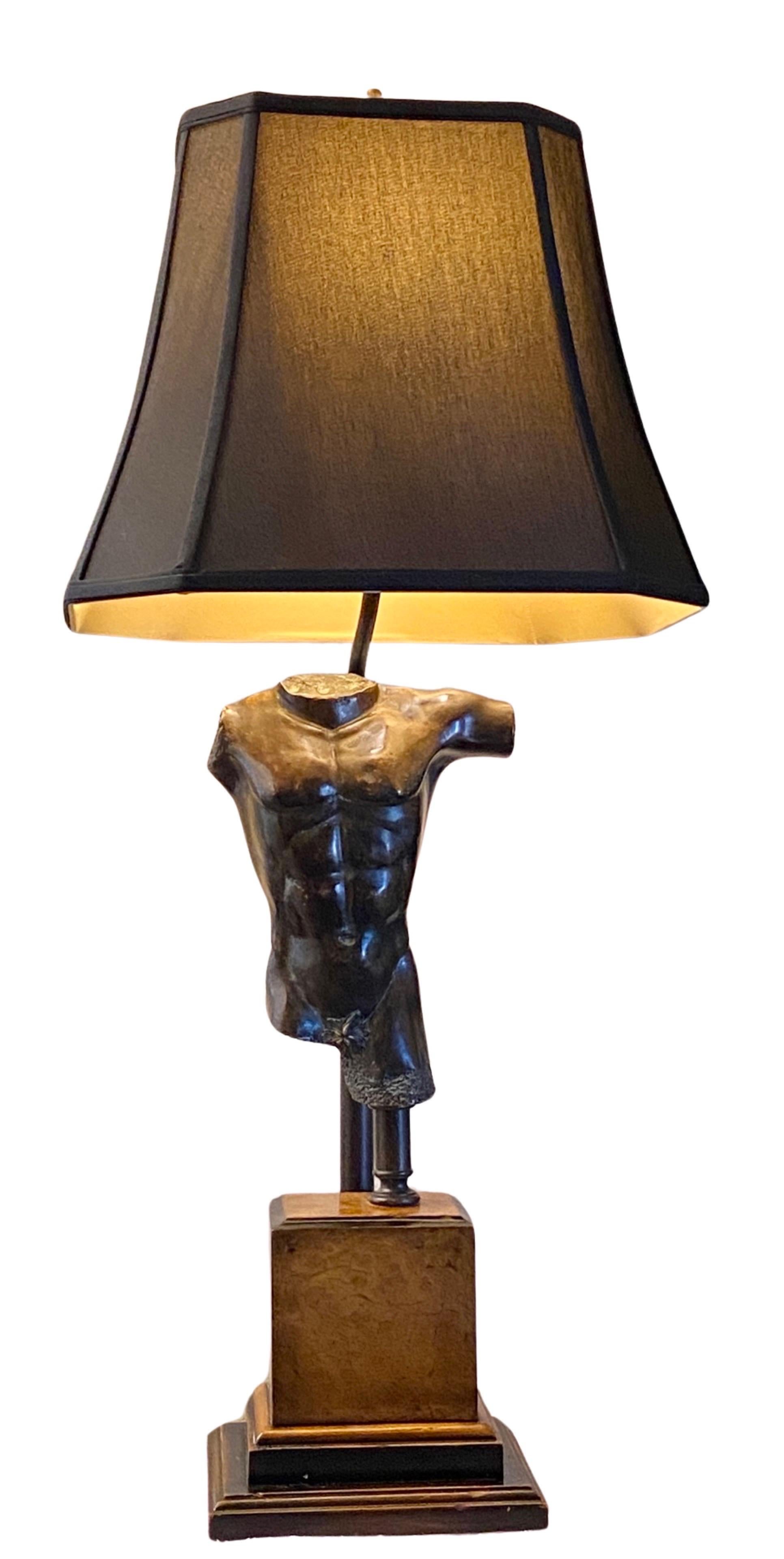 Vintage 1970s Bronze Male Torso lamp on Burl-Wood Base w New Black Custom Shade For Sale 3