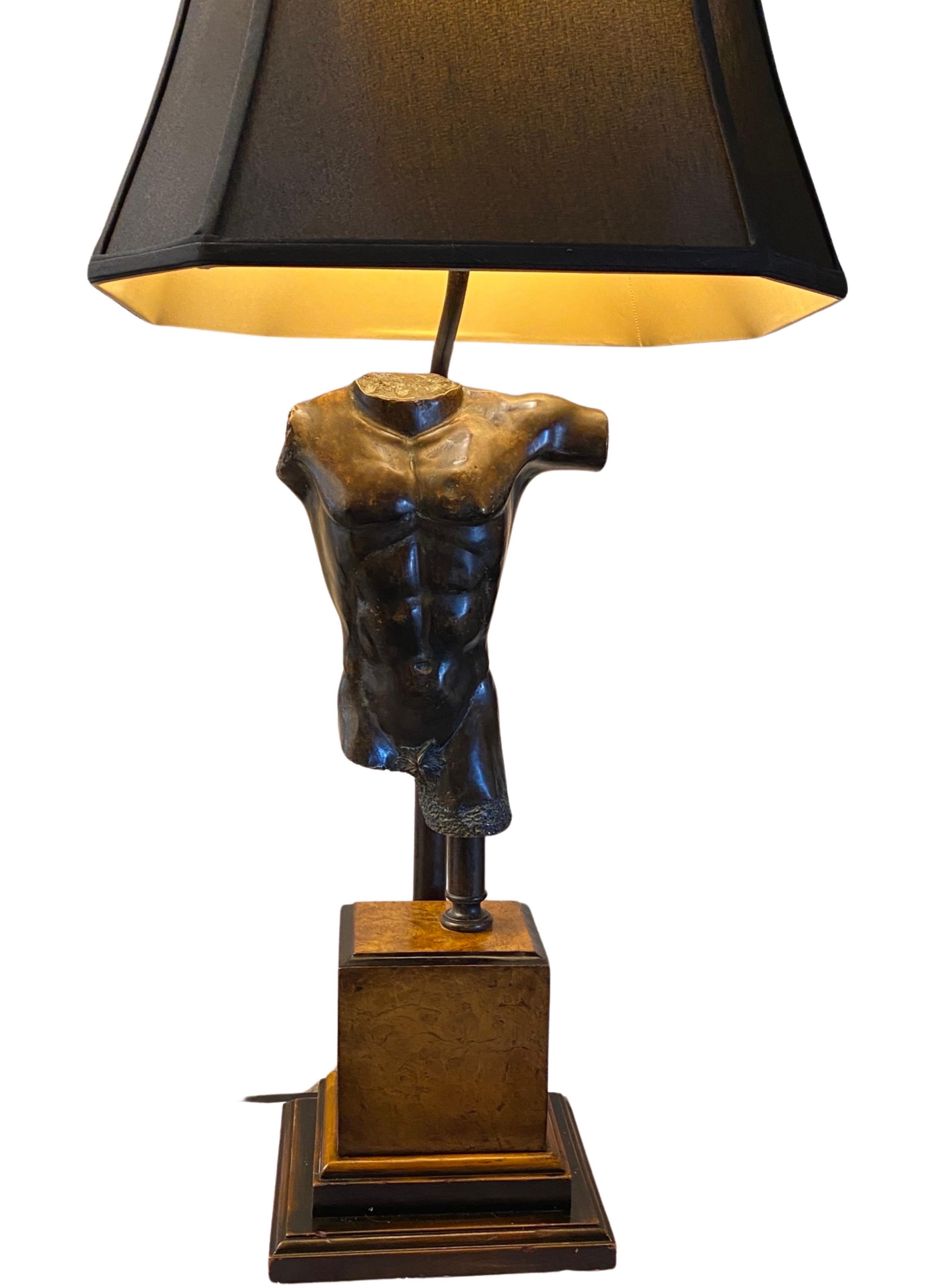 Vintage 1970s Bronze Male Torso lamp on Burl-Wood Base w New Black Custom Shade For Sale 5