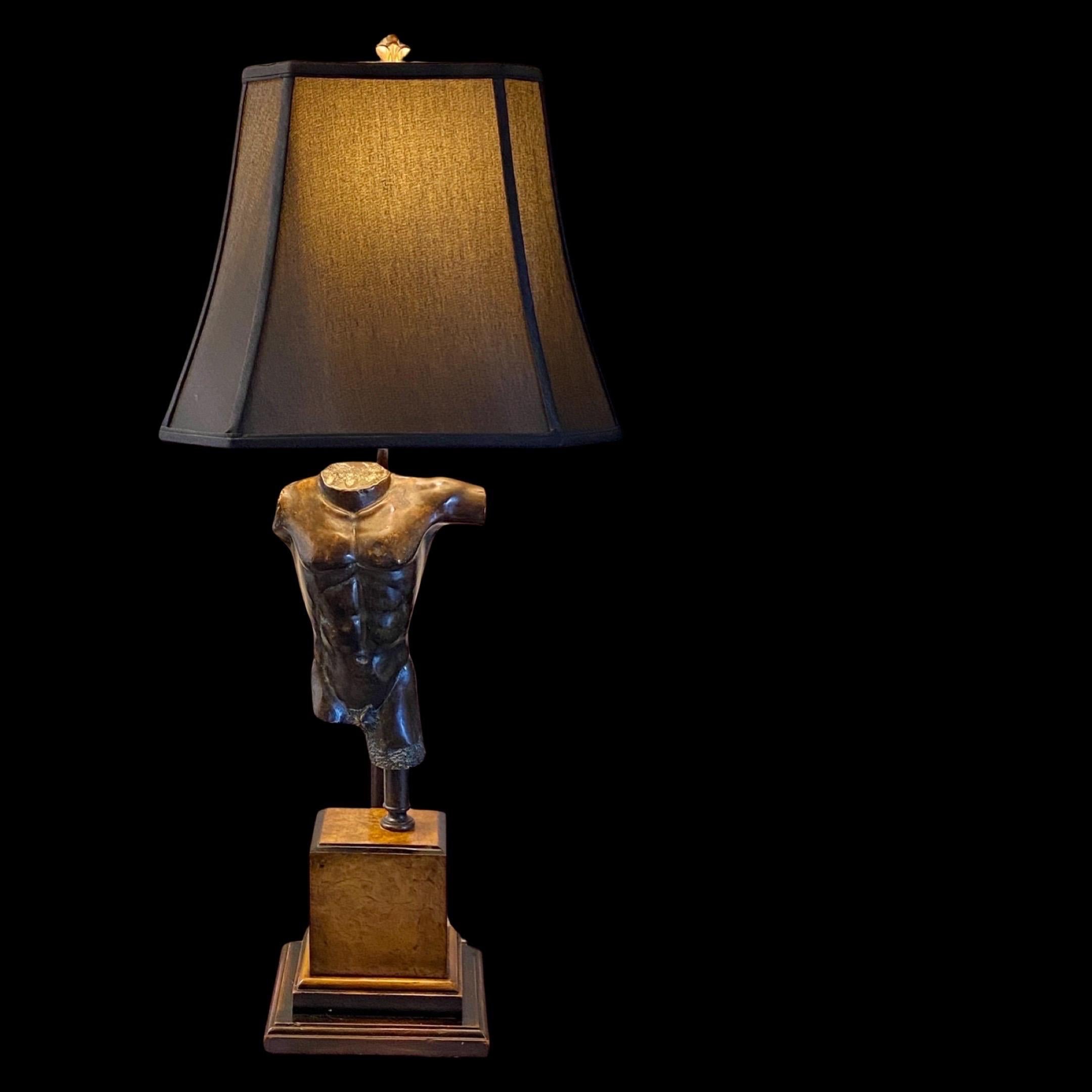 Italian Vintage 1970s Bronze Male Torso lamp on Burl-Wood Base w New Black Custom Shade For Sale