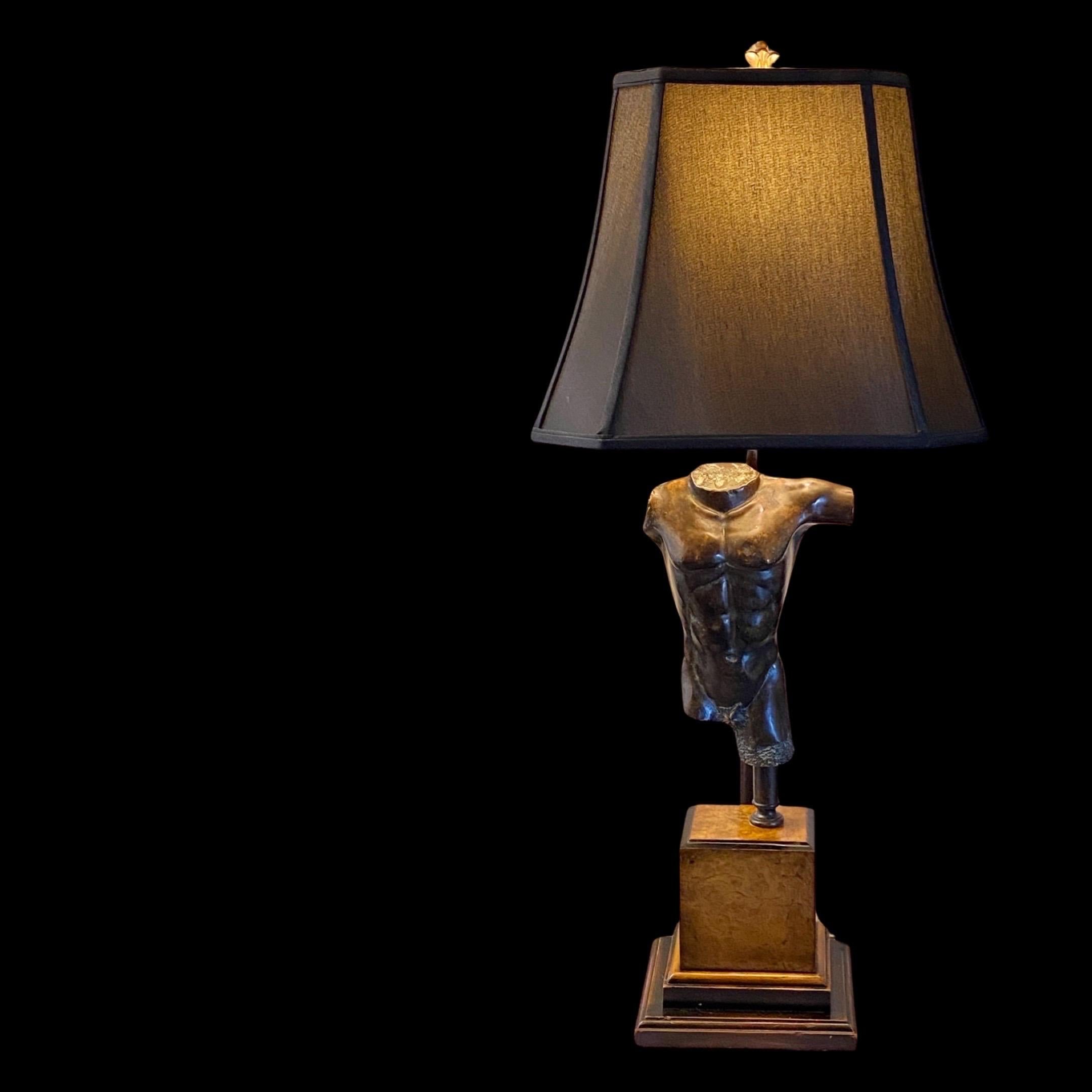 Vintage 1970s Bronze Male Torso lamp on Burl-Wood Base w New Black Custom Shade In Good Condition For Sale In Palm Springs, CA