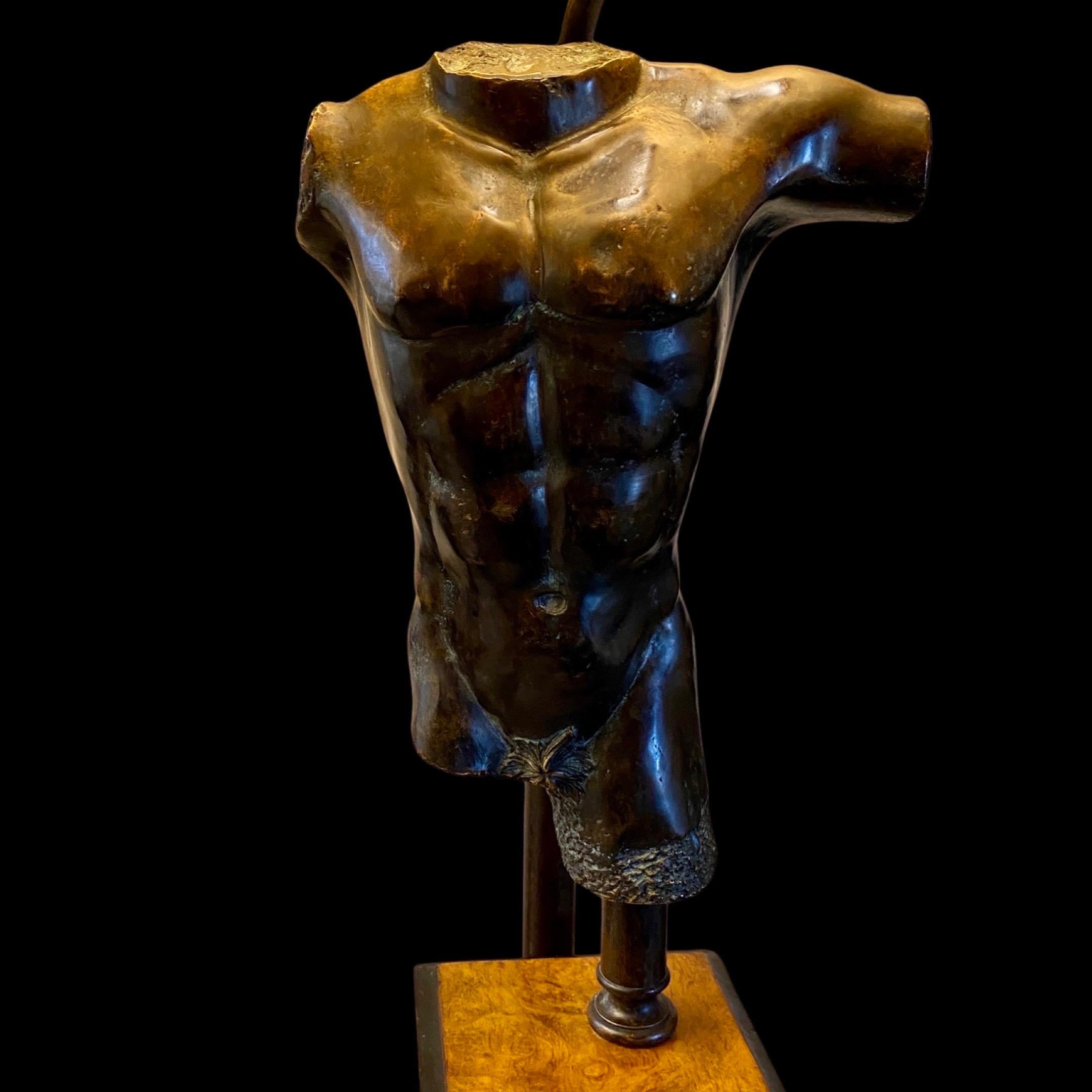 Vintage 1970s Bronze Male Torso lamp on Burl-Wood Base w New Black Custom Shade In Good Condition For Sale In Palm Springs, CA