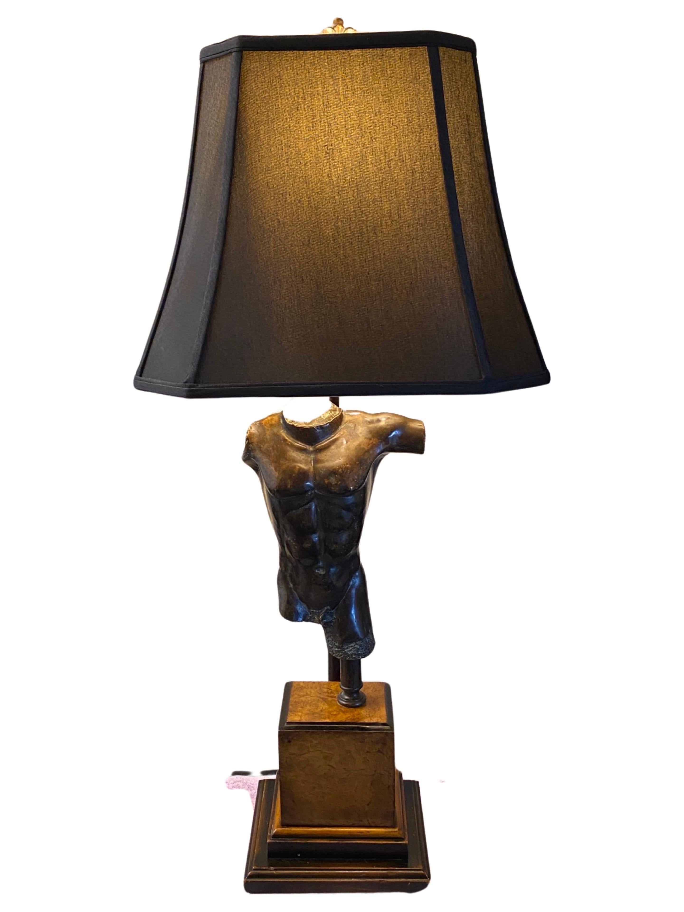 Vintage 1970s Bronze Male Torso lamp on Burl-Wood Base w New Black Custom Shade For Sale 2