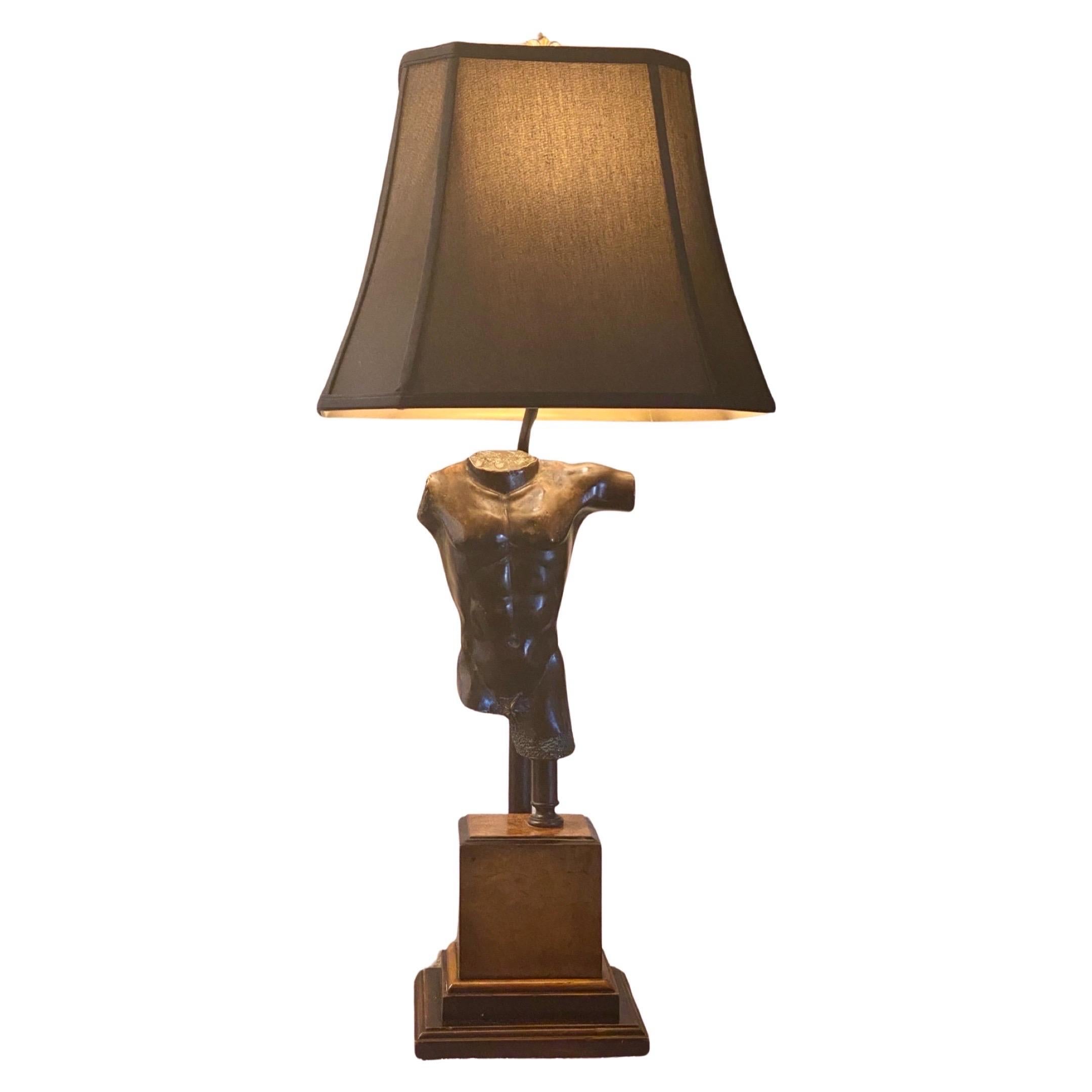 Vintage 1970s Bronze Male Torso lamp on Burl-Wood Base w New Black Custom Shade For Sale