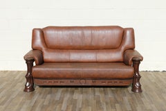 Vintage 1970s Brown Leather Sofa With Sculptural Wood Frame, Attached Cushions