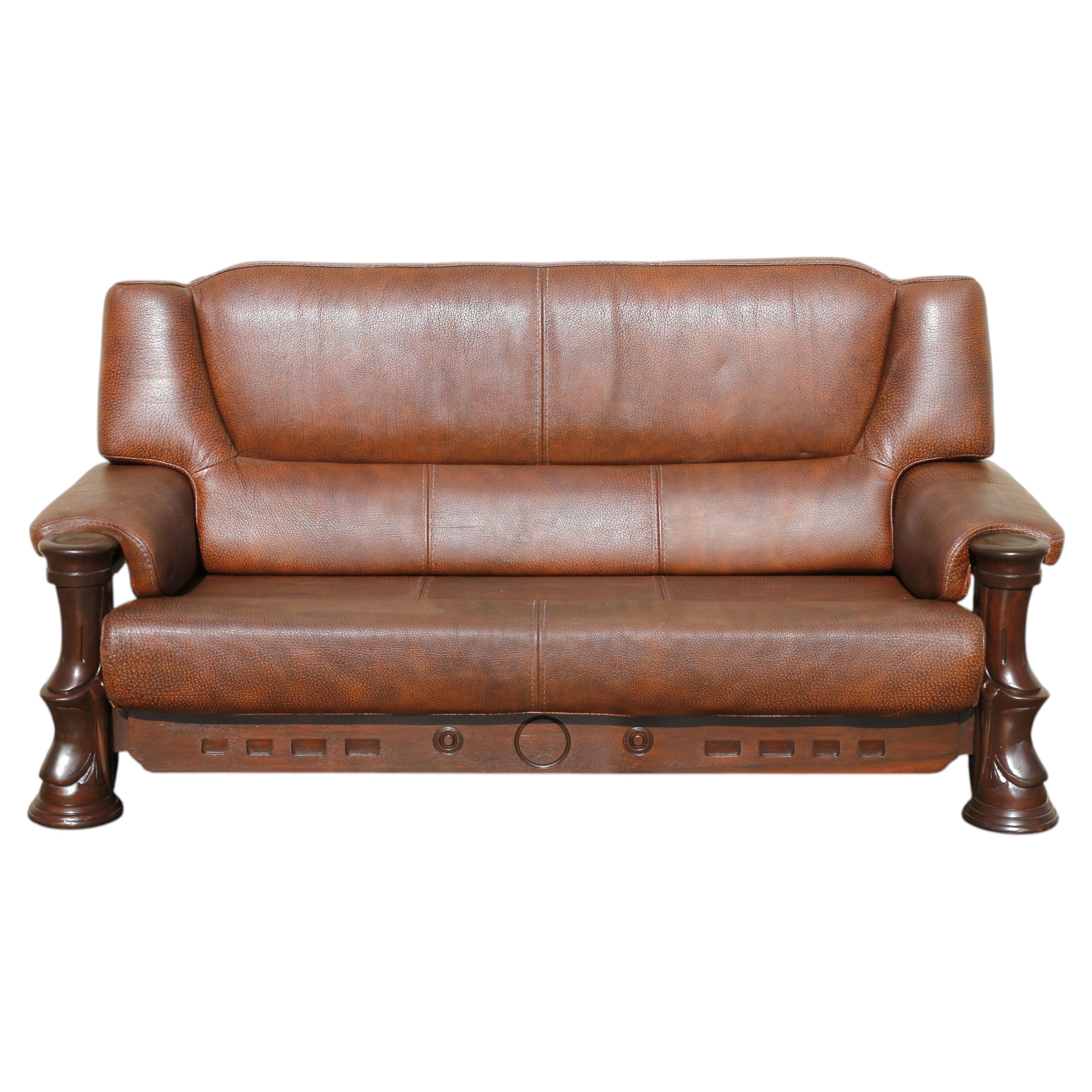 Vintage 1970s Brown Leather Sofa With Sculptural Wood Frame, Attached Cushions