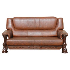 Vintage 1970s Brown Leather Sofa With Sculptural Wood Frame, Attached Cushions