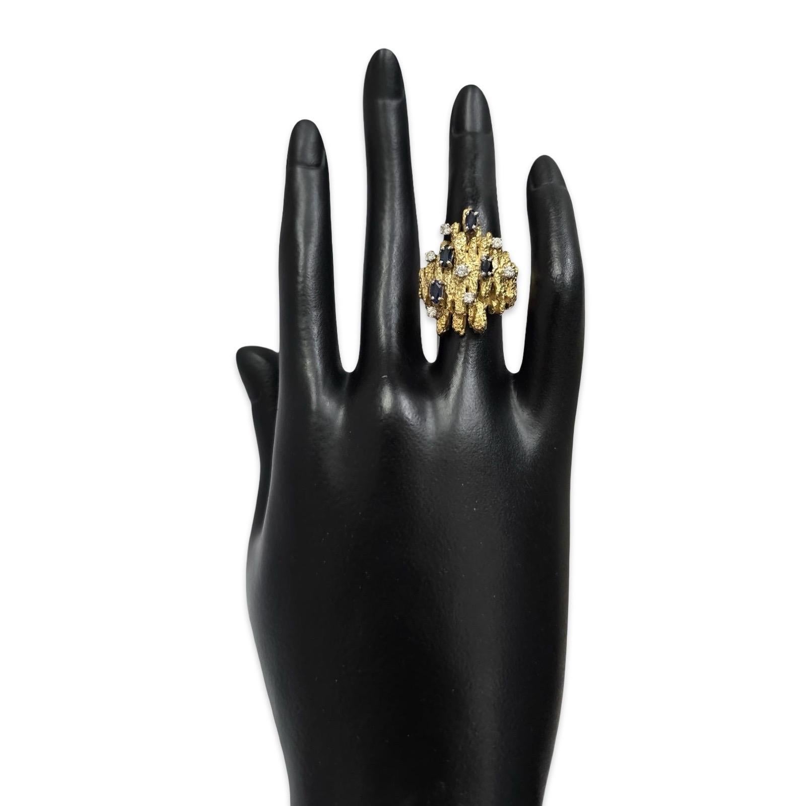 Marquise Cut Vintage 1970s Brutalist 18K Gold Ring with Marquise Sapphires and Diamonds For Sale