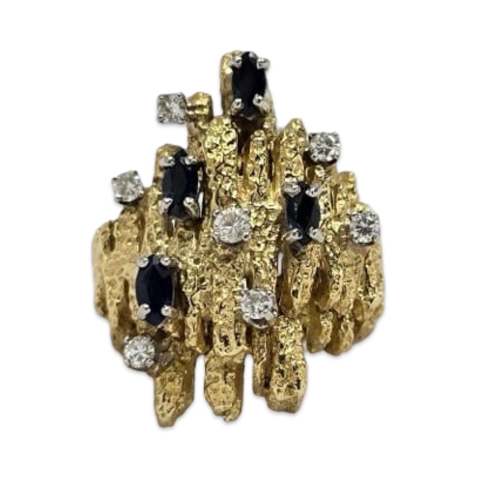 Women's Vintage 1970s Brutalist 18K Gold Ring with Marquise Sapphires and Diamonds For Sale