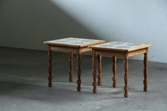 Vintage 1970s Brutalist Danish Oak Nightstands with Ceramic Tile Tops, Pair