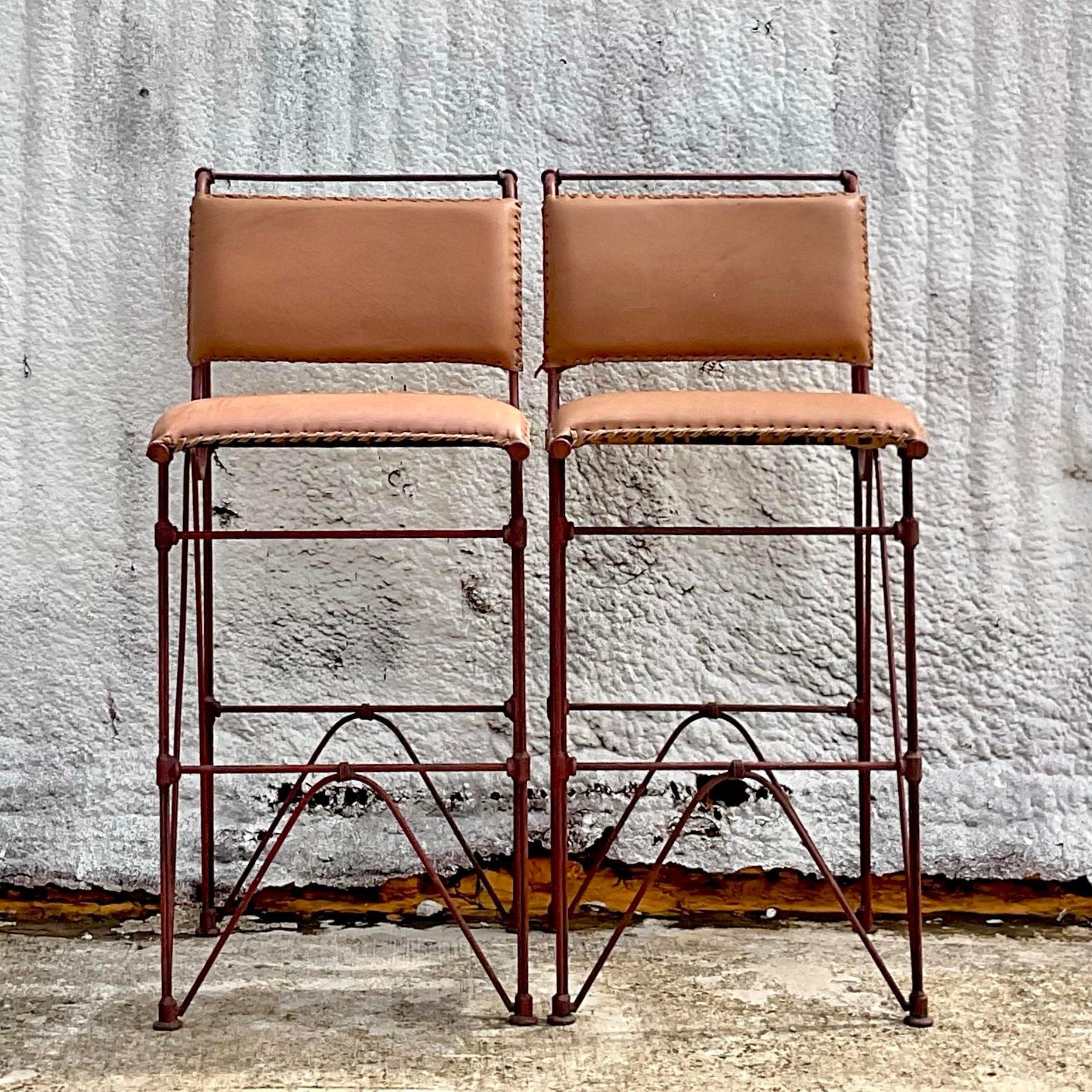 American Vintage 1970's Brutalist Leather Bar Stool After Ilana Goor - a Pair For Sale