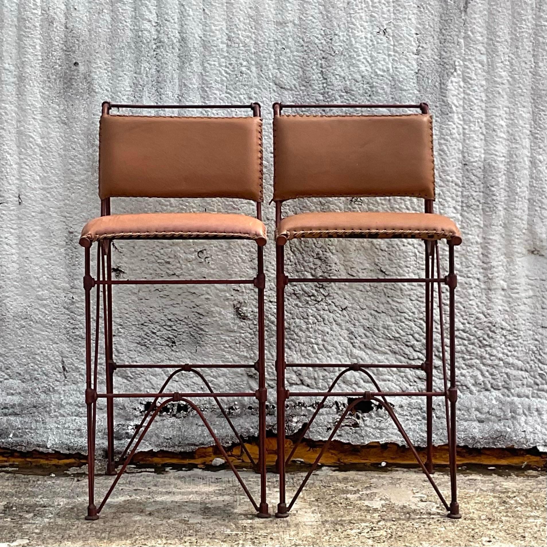 Vintage 1970's Brutalist Leather Bar Stool After Ilana Goor - a Pair In Good Condition For Sale In west palm beach, FL