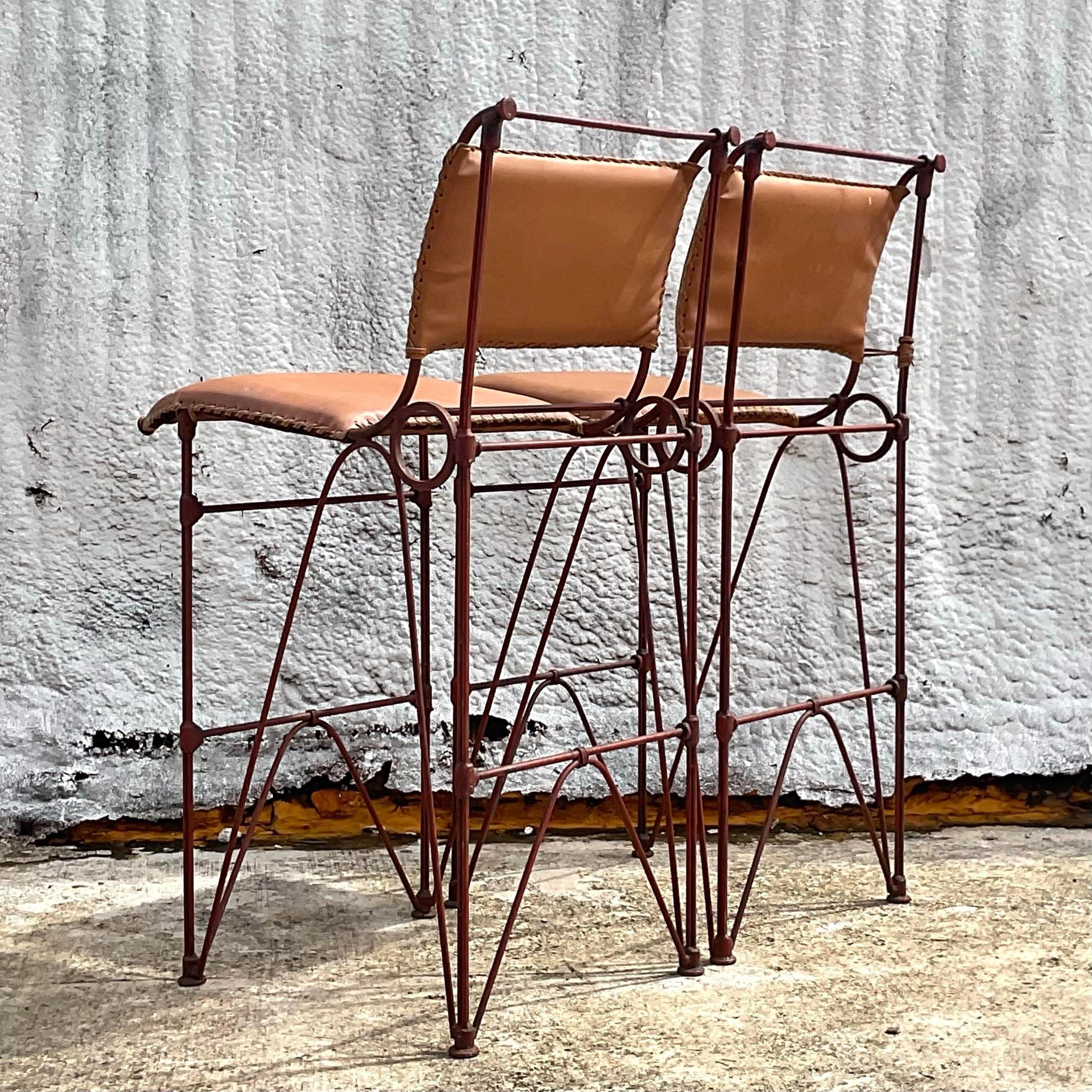 Late 20th Century Vintage 1970's Brutalist Leather Bar Stool After Ilana Goor - a Pair For Sale