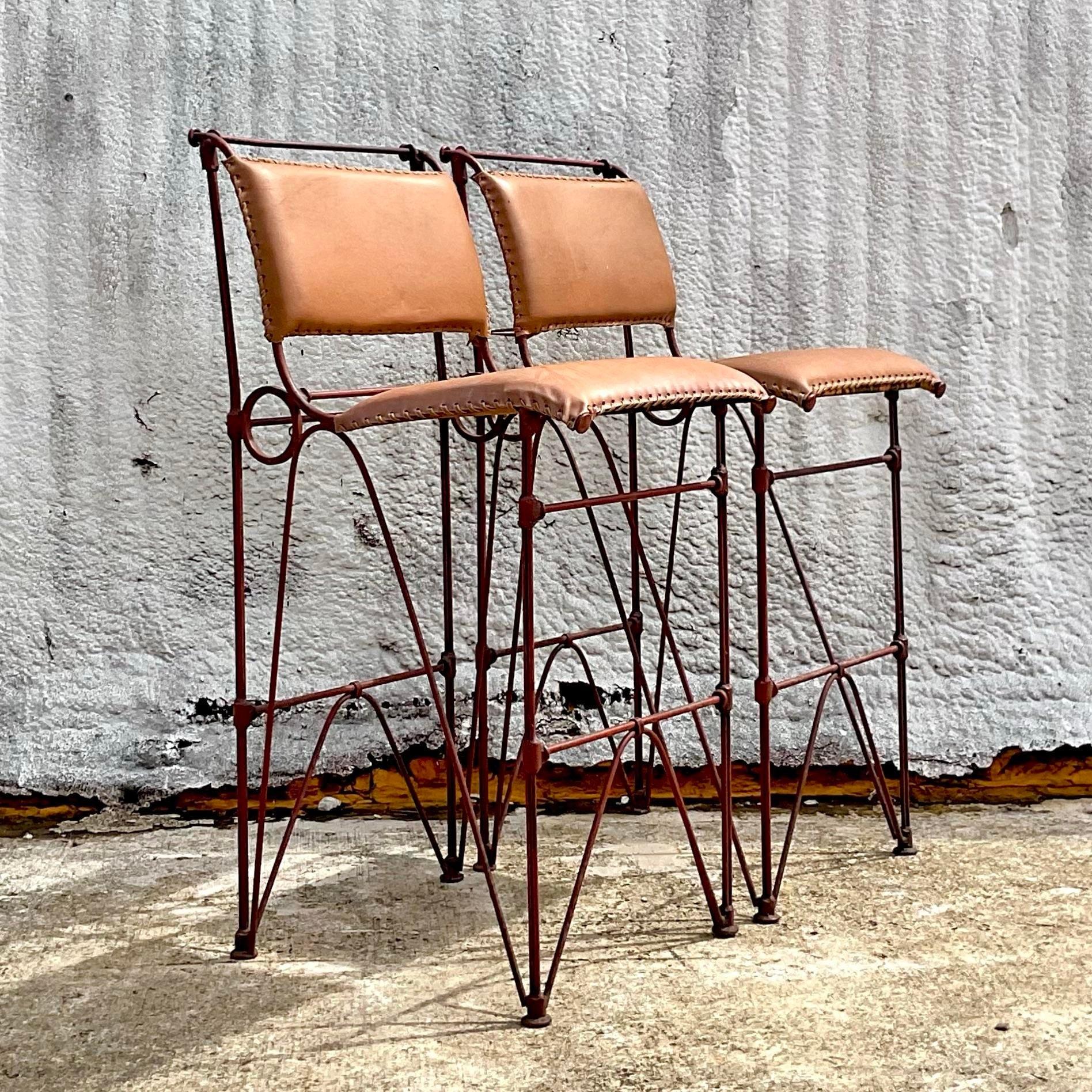 Vintage 1970's Brutalist Leather Bar Stool After Ilana Goor - a Pair For Sale 2