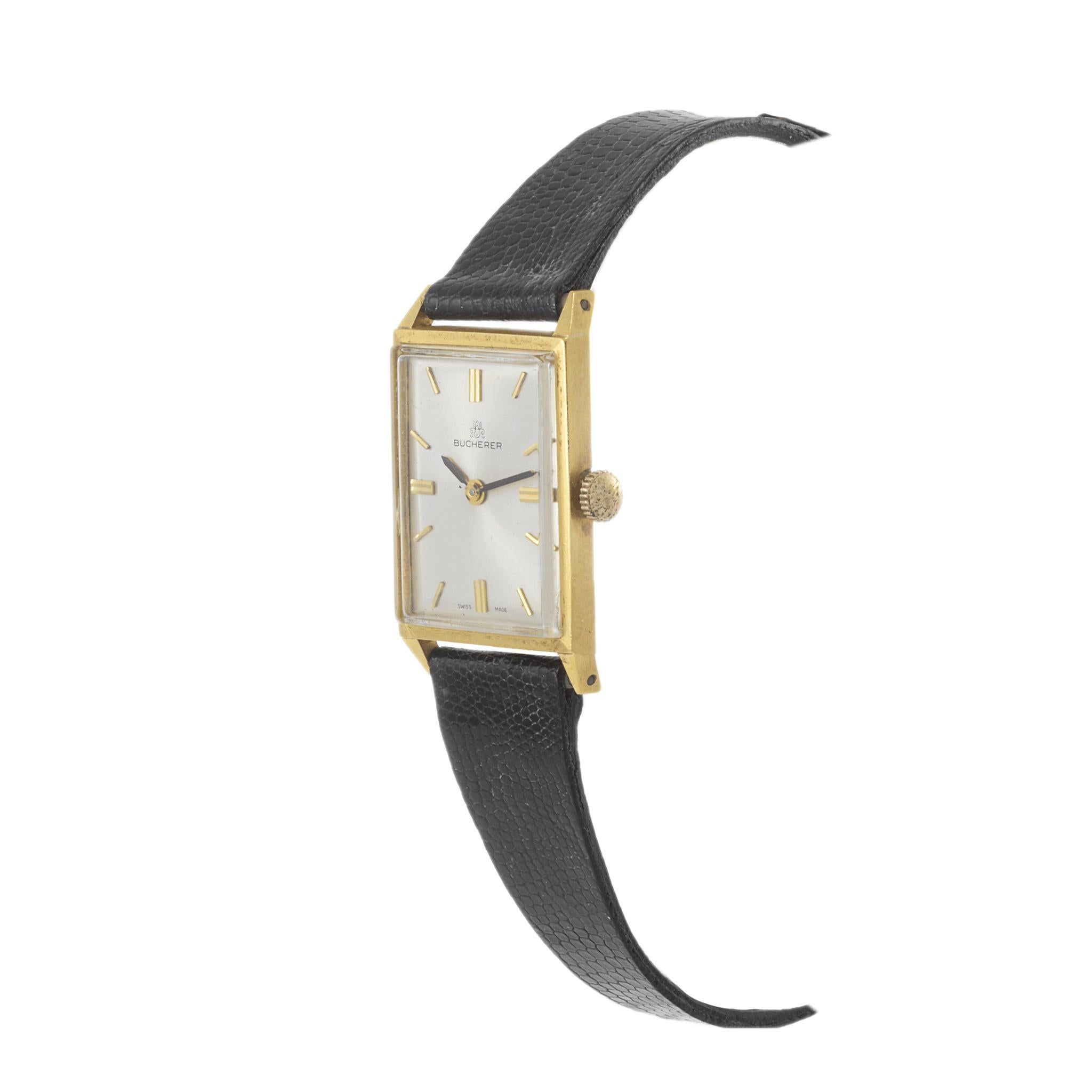 A refined 1970s Bucherer dress watch, featuring a 27mm x 22mm rectangular 18KT yellow gold case, embodying the understated elegance of the era. The pearlized dial is adorned with sleek stick markers, offering a clean and sophisticated aesthetic.