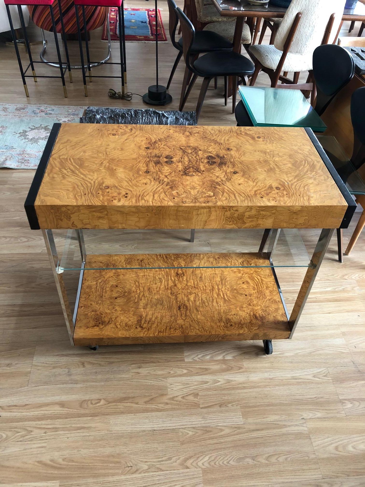 Mid-Century Modern Vintage 1970s Burl and Glass Bar Cart by Lane
