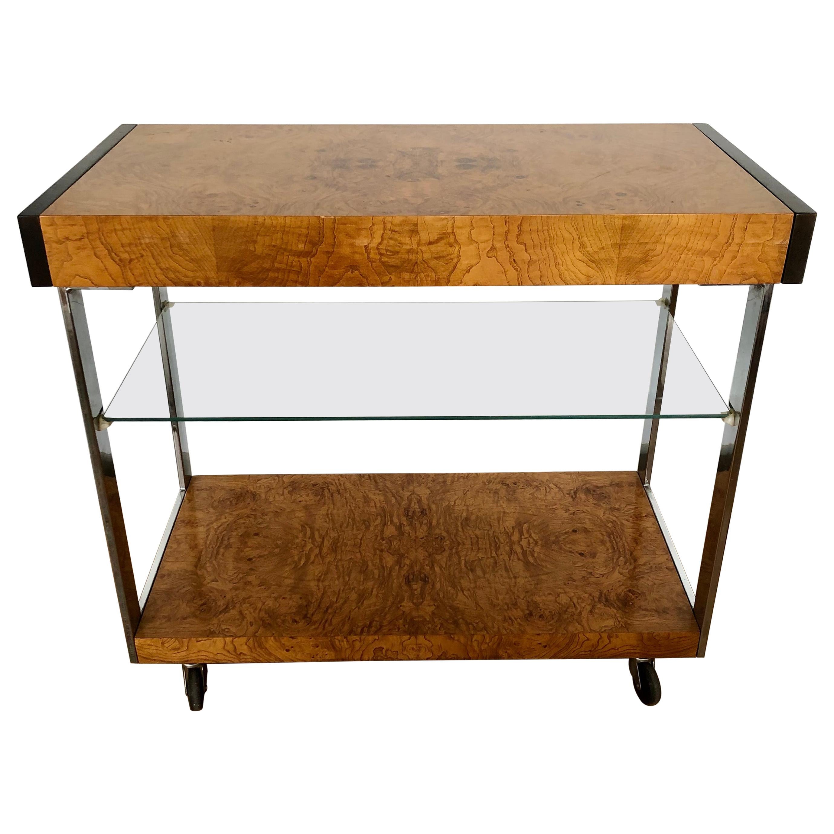 Vintage 1970s Burl and Glass Bar Cart by Lane