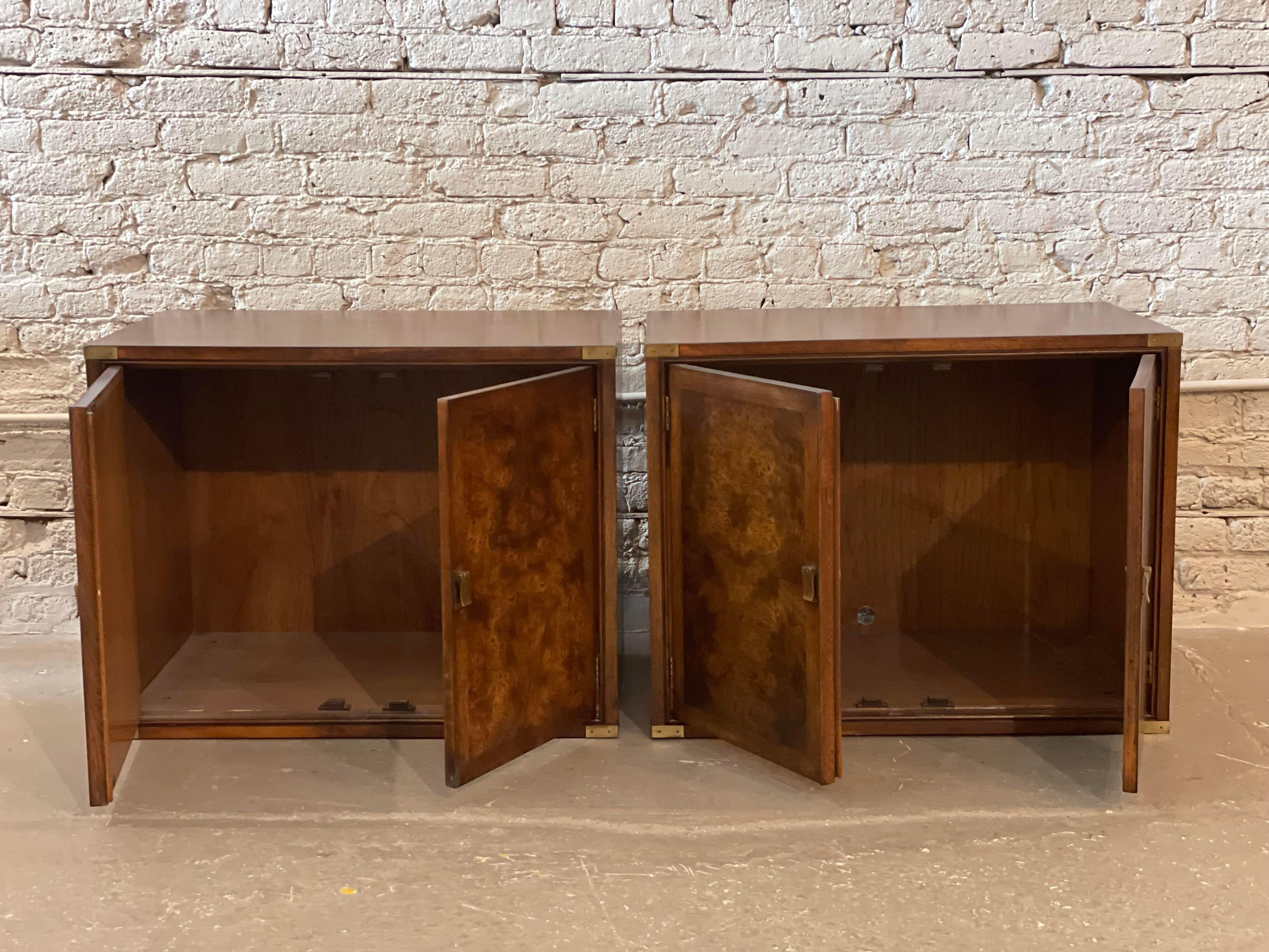 Beautiful Burled wood nightstands with brass pulls. These are a thick high quality veneer that have been refinished. They are ready to go! Please note - there are currently no internal shelves but can be added if needed.