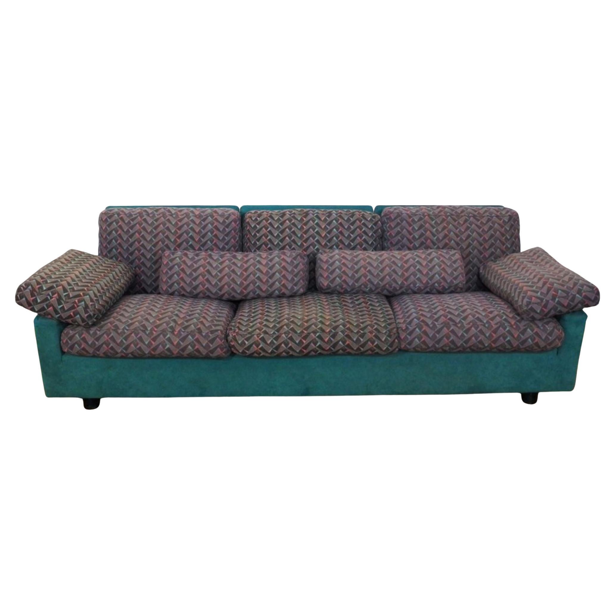 Vintage 1970s Busnelli Three-Seater Sofa – Aqua Green & Patterned Fabric