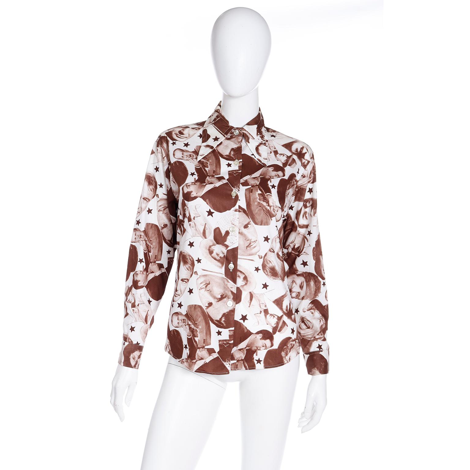 We love vintage novelty blouses and this is such an incredible early 1970's brown and off white button front shirt that is covered with the faces of silver screen stars from the 1930's and 1940's. The top has familiar movie stars including Clark