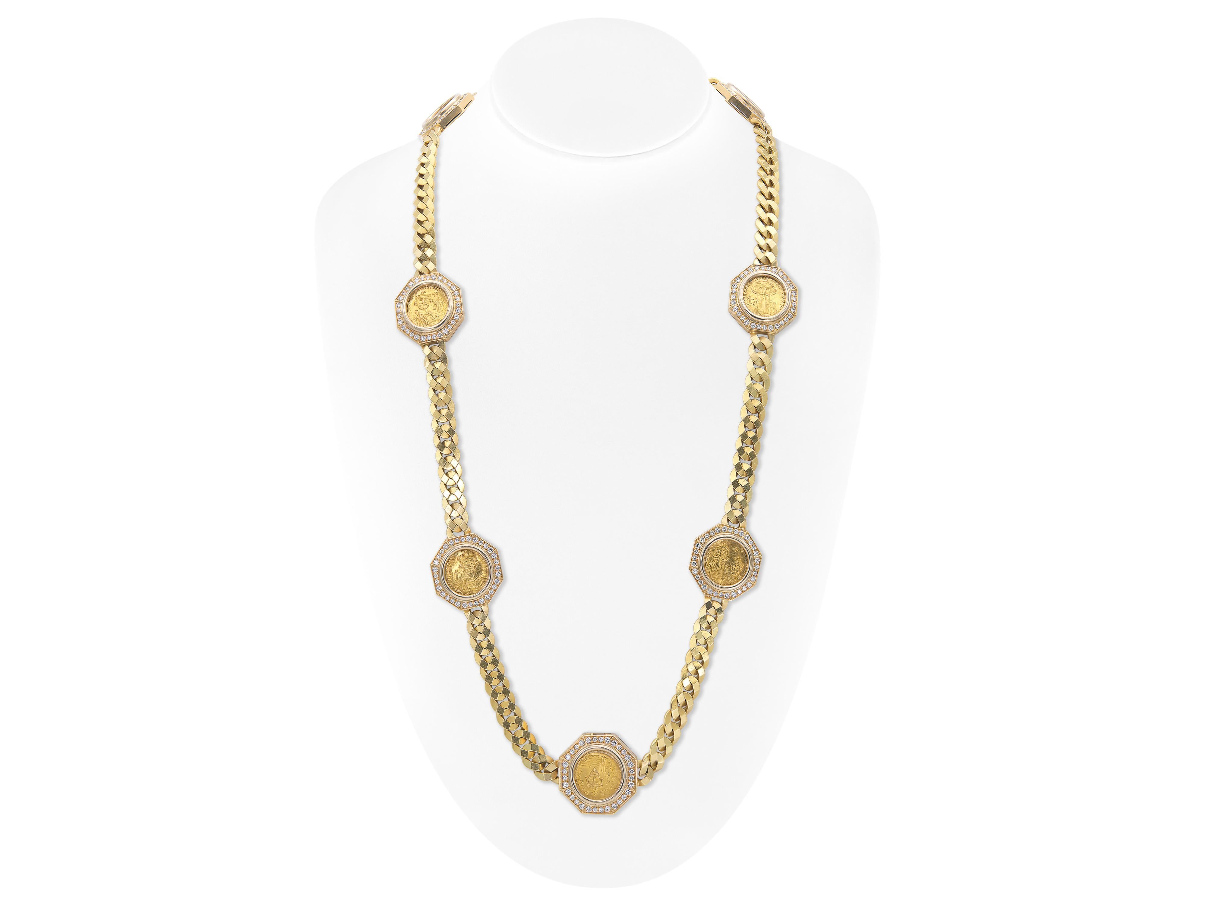 Fein gearbeitet in 18 Karat Gelbgold mit 7 byzantinischen Goldmünzen und runden Diamanten im Brillantschliff.
Signiert von Bvlgari
Circa 1970er Jahre
35 Zoll lang