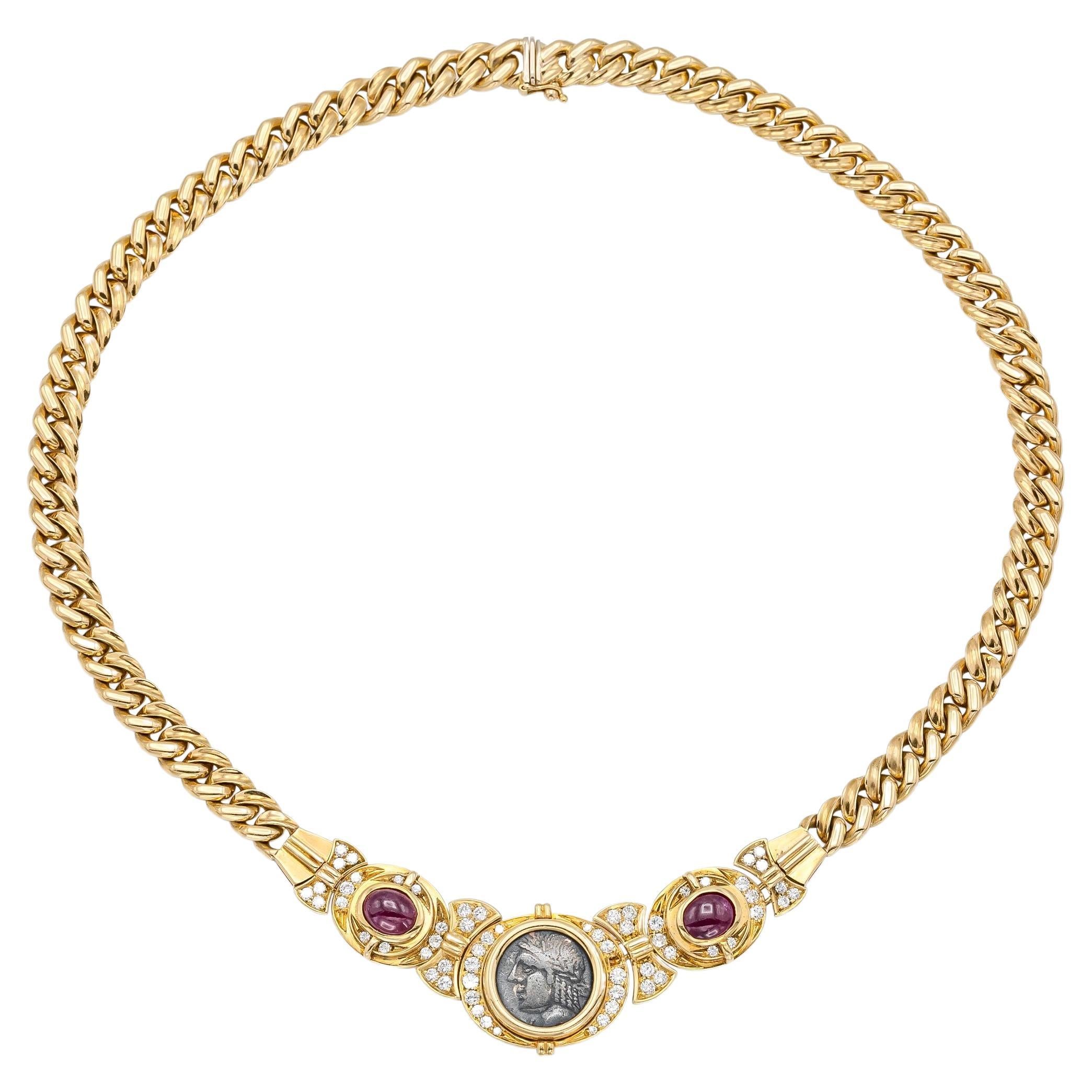 Vintage 1970s Bvlgari Monete Roman Coin Necklace with Rubies and Diamonds For Sale
