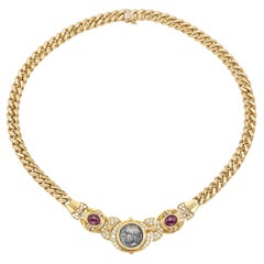 Vintage 1970er Jahre Bvlgari Monete römische Münze Halskette mit Rubinen und Diamanten