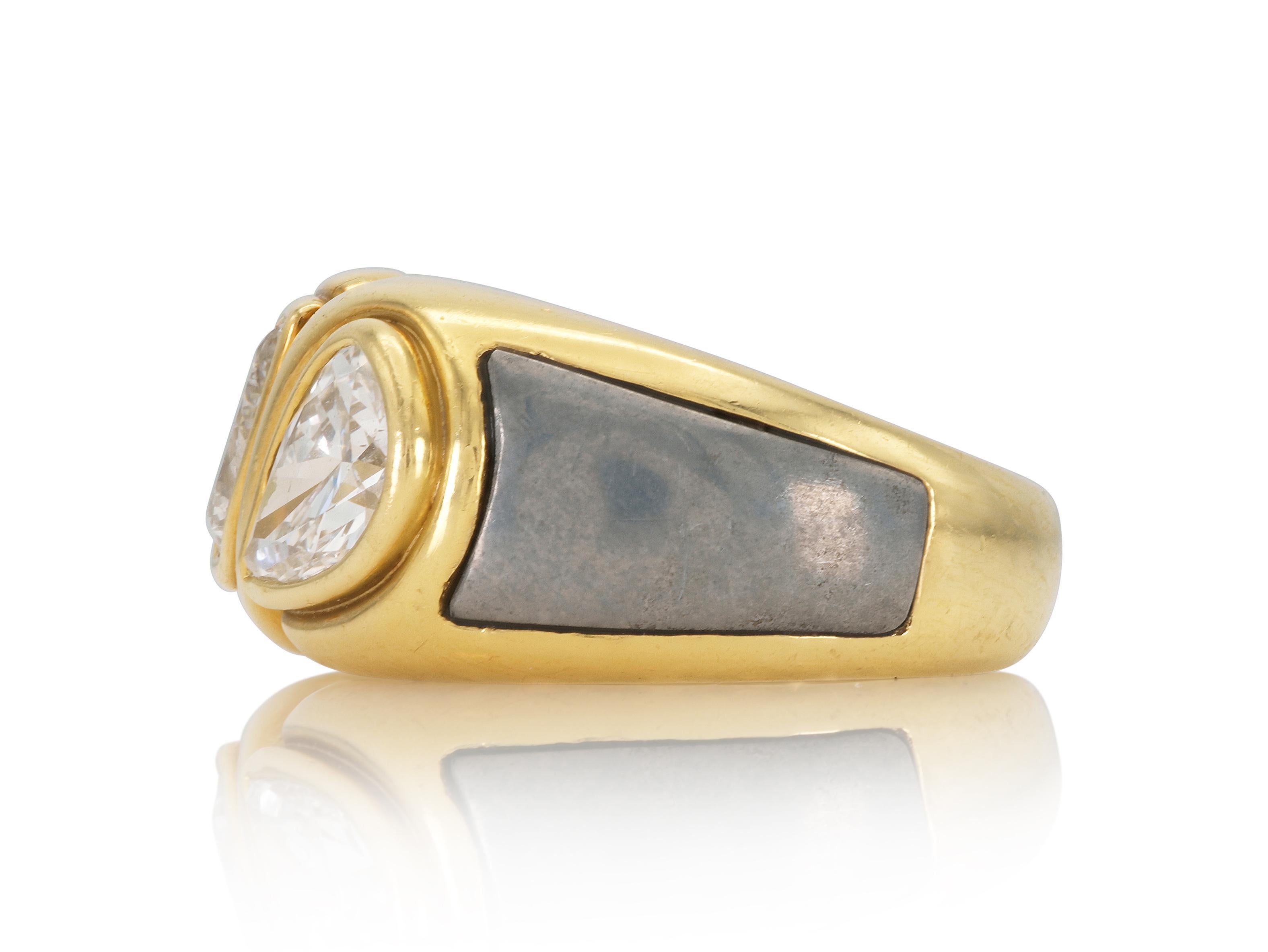 Pear Cut Vintage 1970s Bvlgari Two-Toned Gold and 2.33 Carat Pear-Shaped Diamonds Ring For Sale