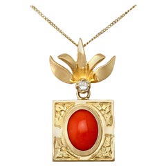 Vintage 1970s Cabochon Cut Coral and Diamond Yellow Gold Pendant