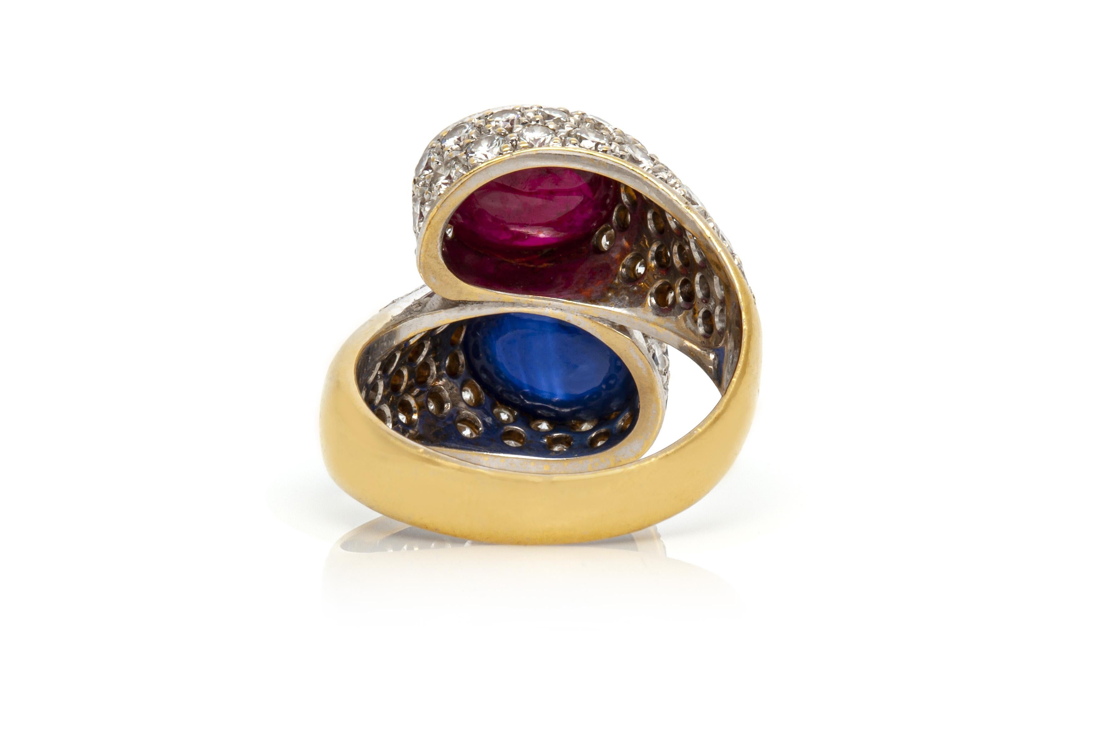 Round Cut Vintage 1970s Cabochon Ruby & Sapphire Diamond Bypass Ring For Sale