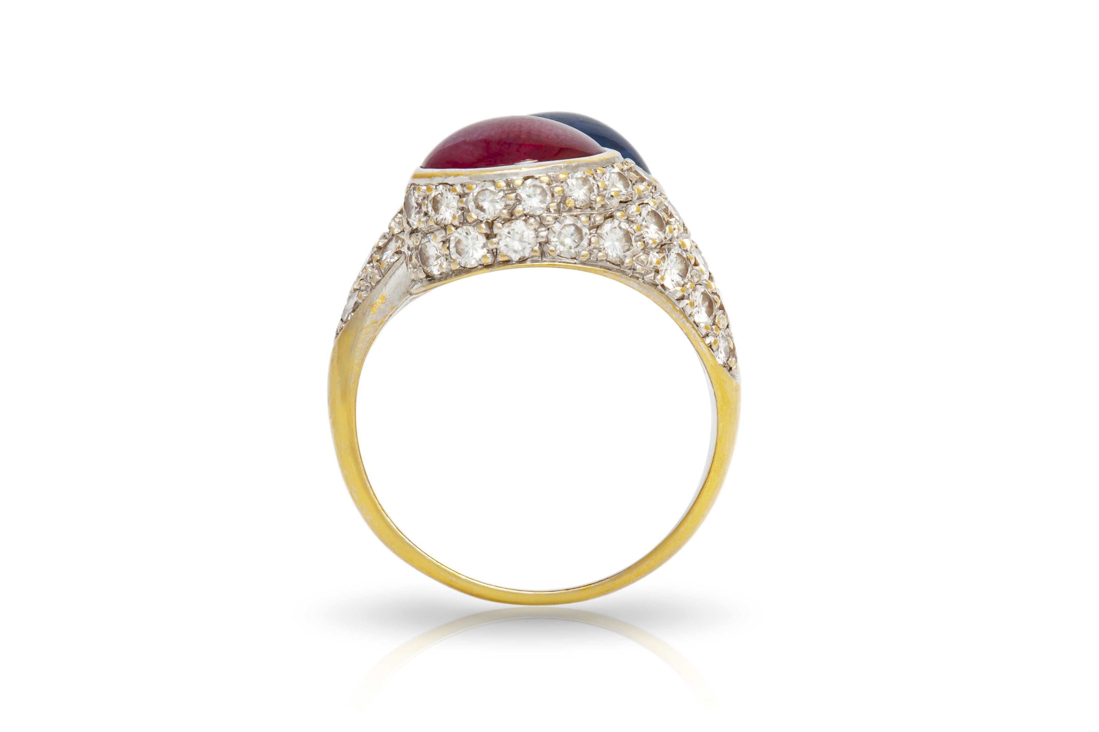 Vintage 1970s Cabochon Ruby & Sapphire Diamond Bypass Ring In Good Condition For Sale In New York, NY