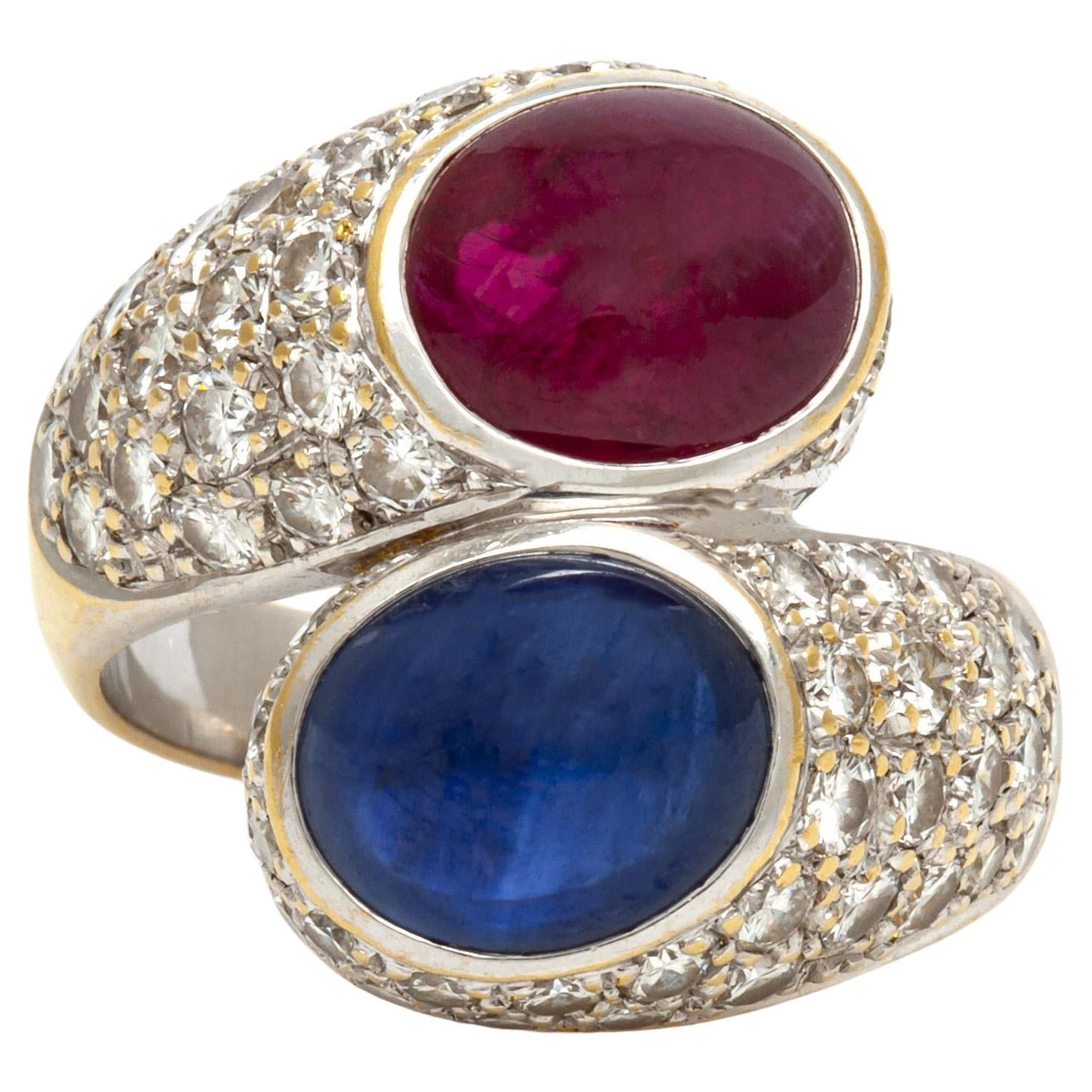 Vintage 1970s Cabochon Ruby & Sapphire Diamond Bypass Ring For Sale