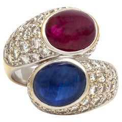 Vintage 1970s Cabochon Ruby & Sapphire Diamond Bypass Ring