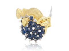 Vintage 1970s Cabochon Sapphire Blowfish Brooch with Diamonds