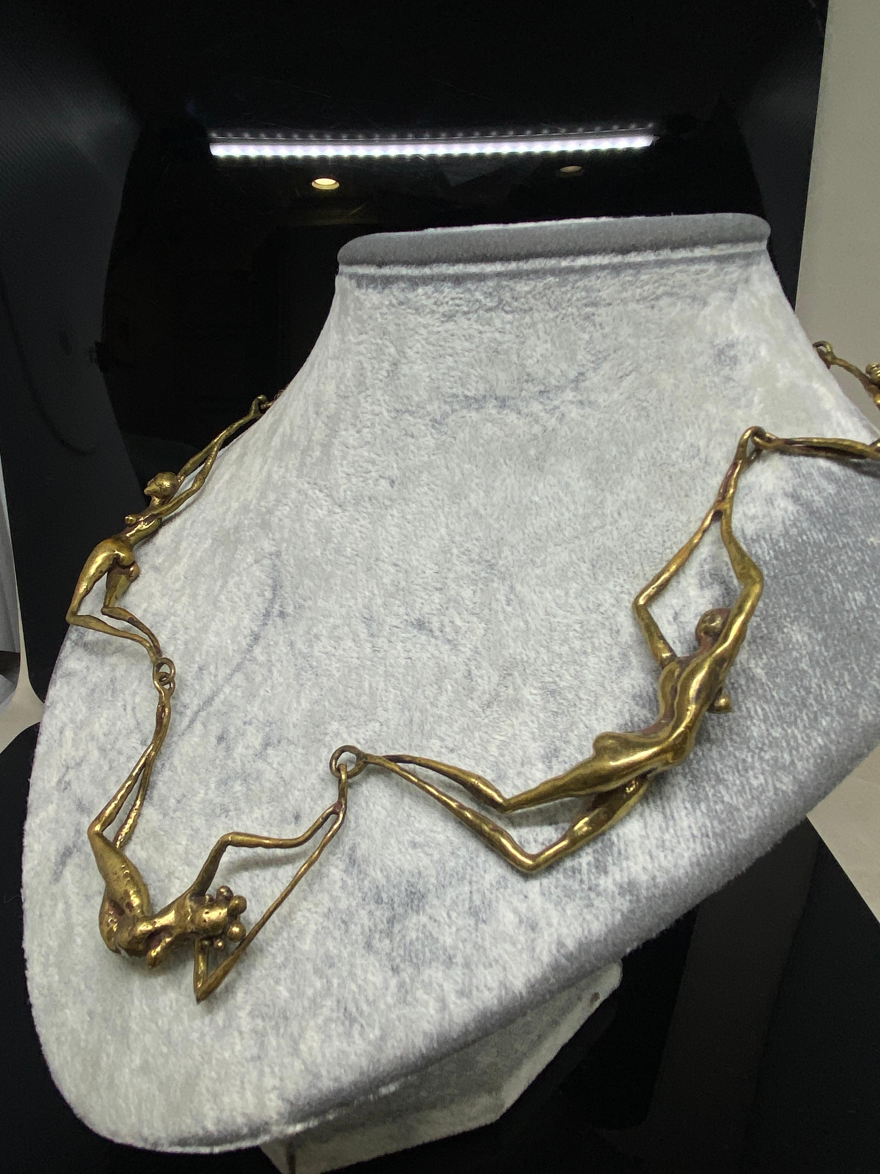 Women's Vintage 1970's Carl Tasha Modernist Brutalist Brass Nudes Necklace Pendant For Sale