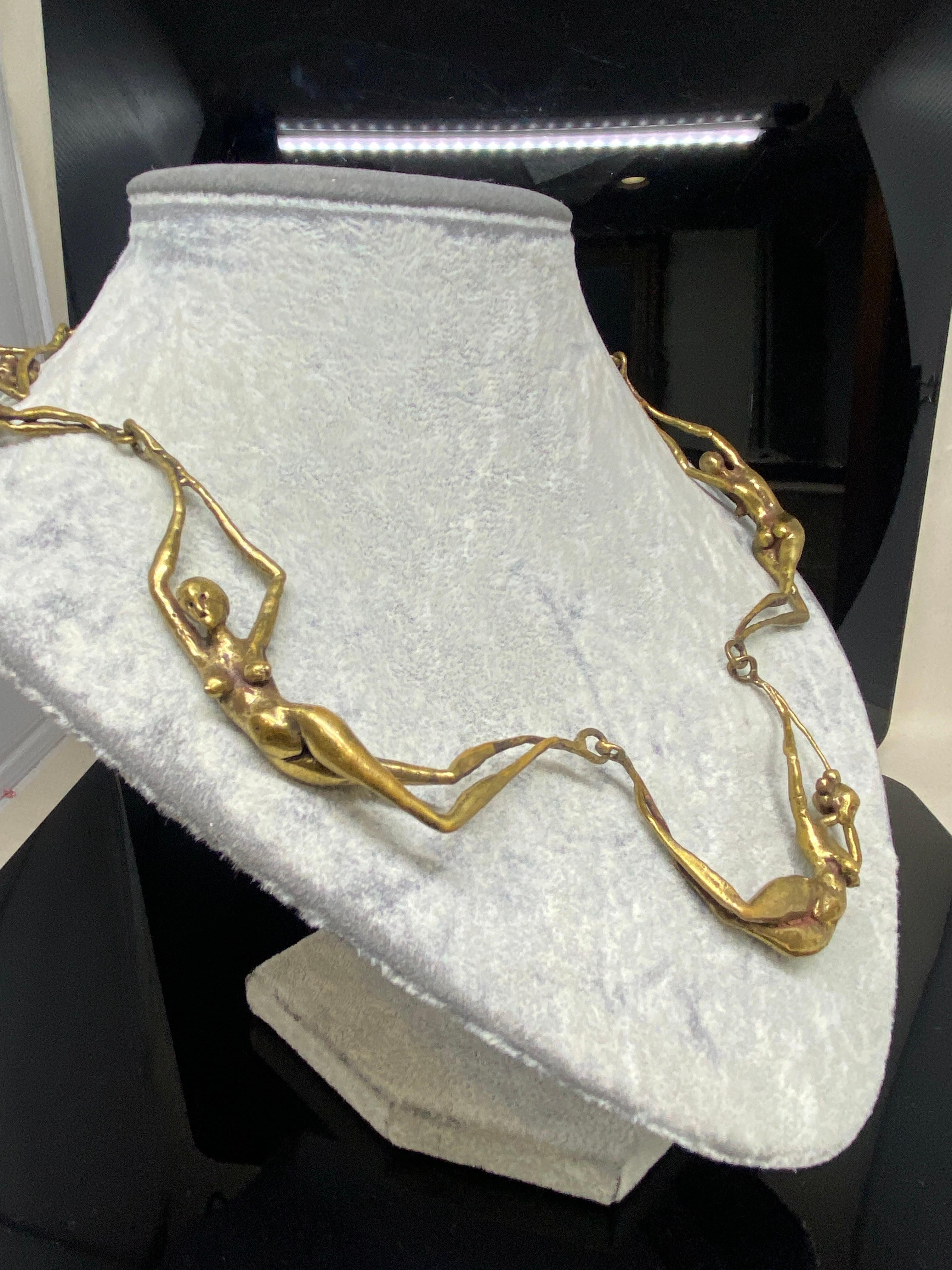 Vintage 1970's Carl Tasha Modernist Brutalist Brass Nudes Necklace Pendant In Good Condition For Sale In Bernardsville, NJ