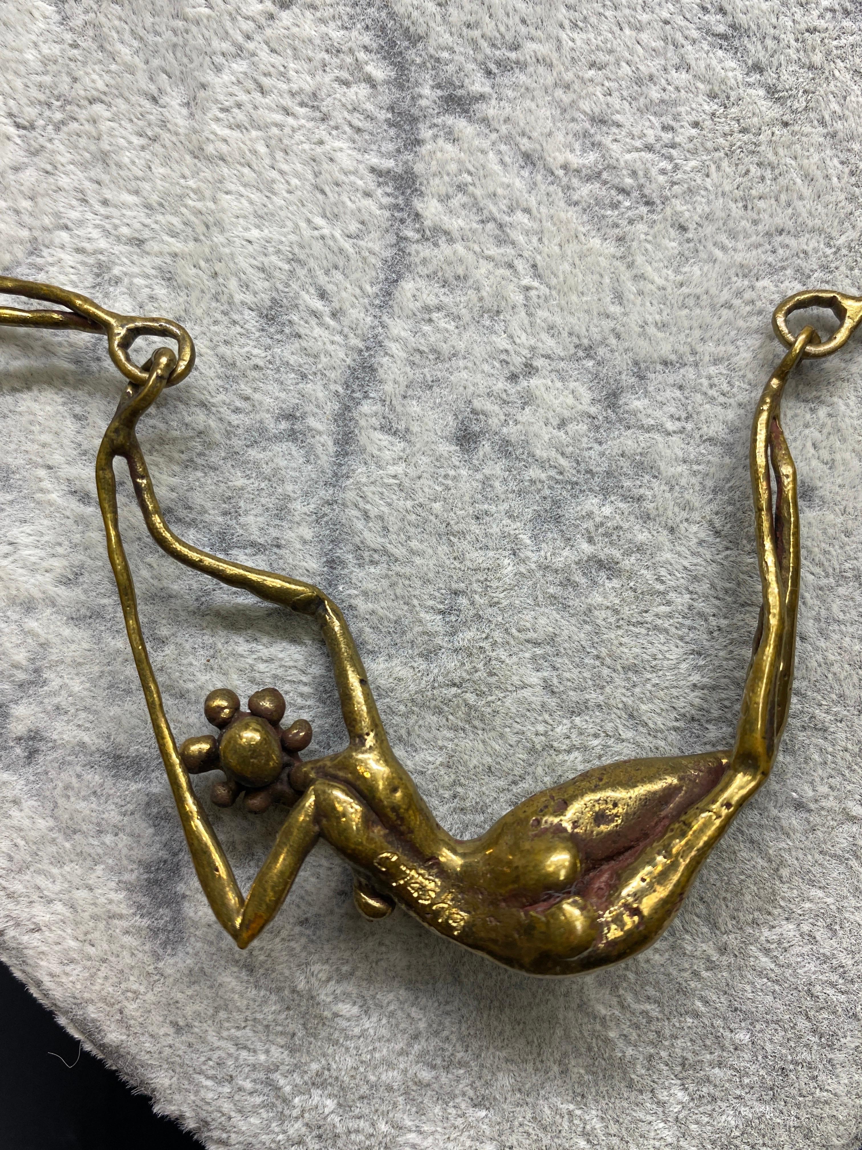 Vintage 1970's Carl Tasha Modernist Brutalist Brass Nudes Necklace Pendant For Sale 3